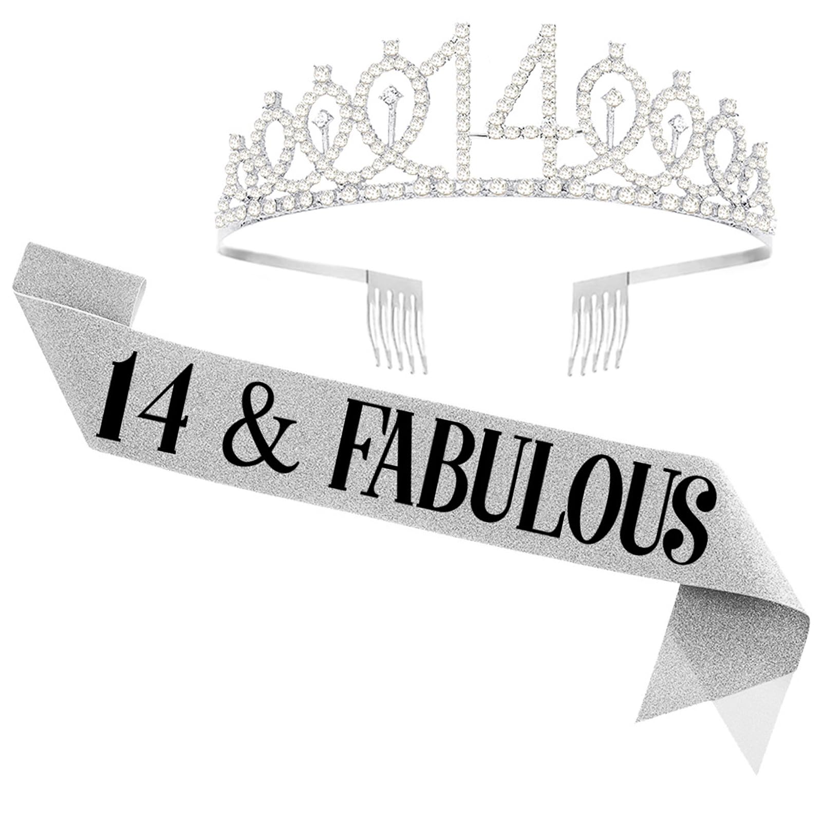 UVATAHONA 14th Birthday Sash and Tiara, 14 & Fabulous Sash and Tiara Birthday Crown, Silver