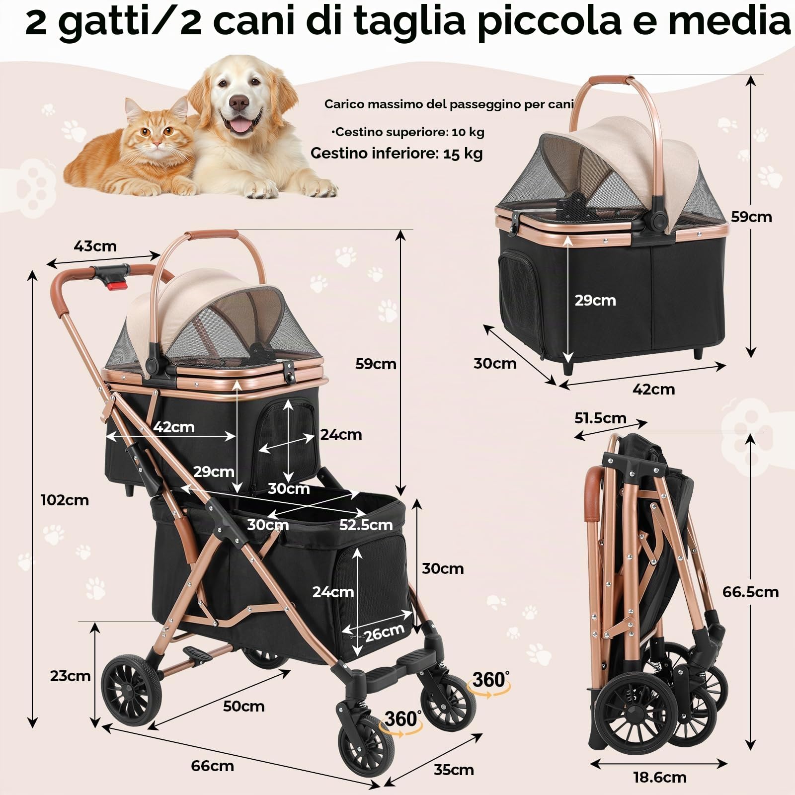 MAMIZO Passeggino Doppio Strato per Cani, Pieghevole Passeggino per Animali Domestici fino a 15 kg, Carrello per Cani, Passeggino Cane con Finestre a Rete e Portabevande e 4 PCS ruote, Nero