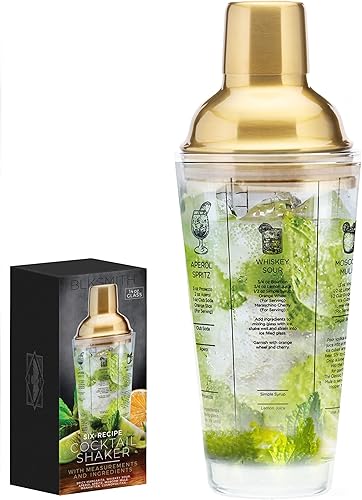 BLKSMITH Coctelera de vidrio con recetas, juego de botellas de vidrio de 14 onzas con colador y jigger integrados, vaso coctelero perfecto para