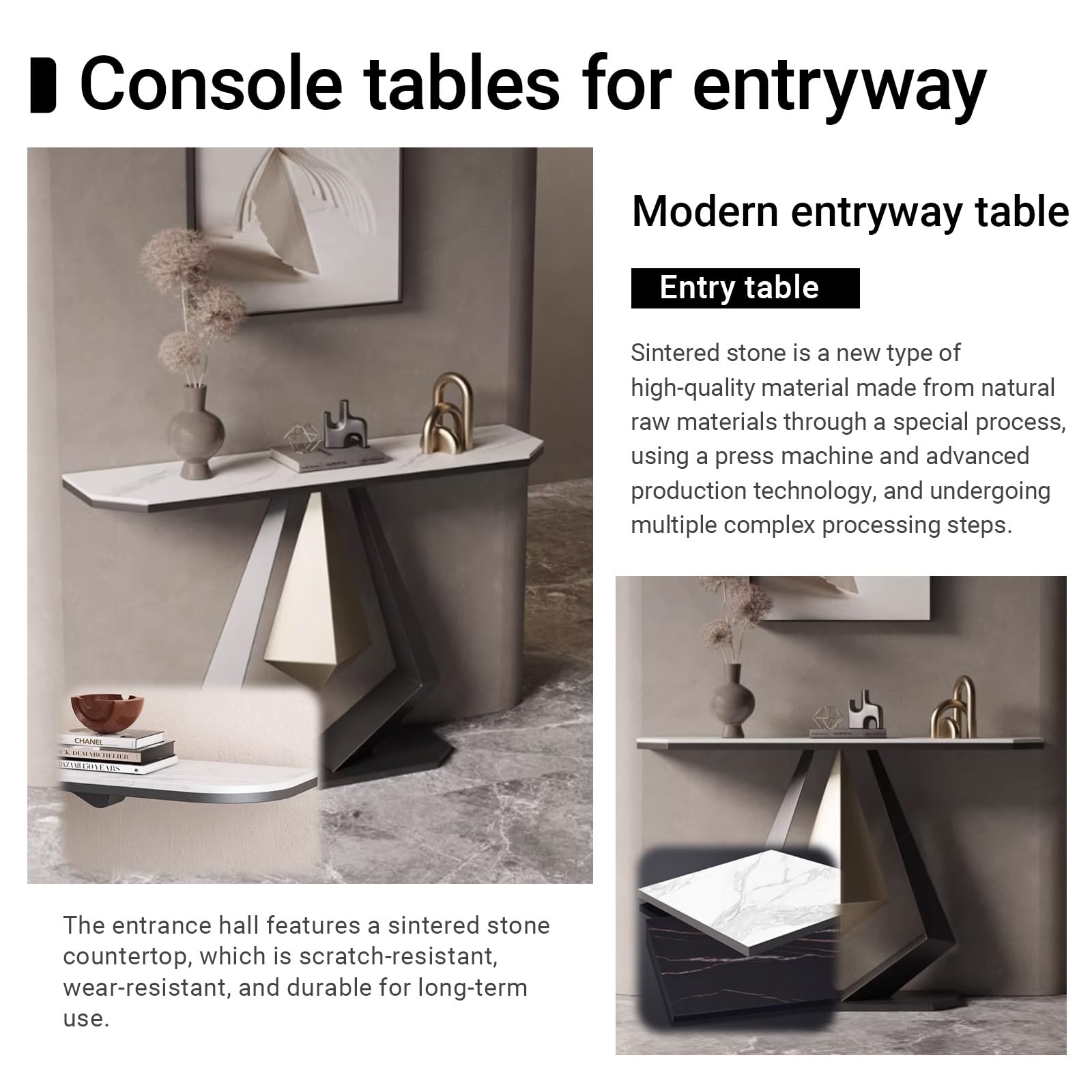 Mesas consola para recibidor con panel de piedra y estructura metálica, mesa consola estrecha con tablero de piedra decorativa, ideal para sala de estar, vestíbulo, dormitorio o pasillo (negro + bla