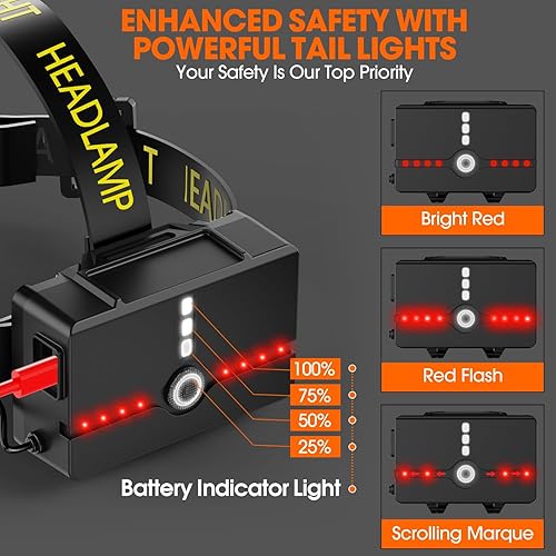 Miniatura 6 de Linterna frontal con sensor de movimiento recargable USB-C de triple haz, luz principal LED, lámpara principal para búsqueda y rescate, uso al aire