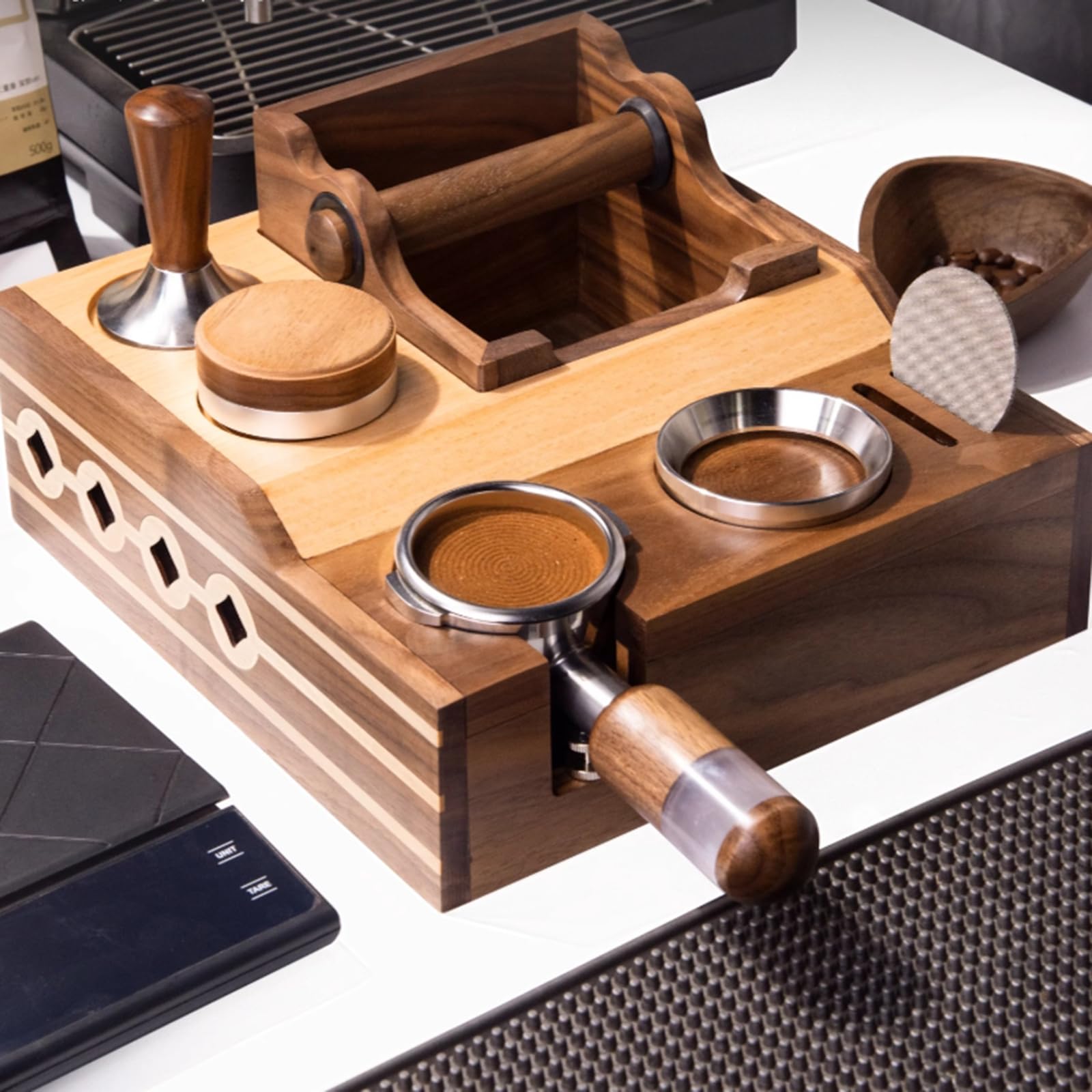 Espresso-Stopfstation, Holz-Kaffee-Organizer-Box mit Tamperhalter, Verteilerschlitz, Aufbewahrung für 51–58 mm Siebträger