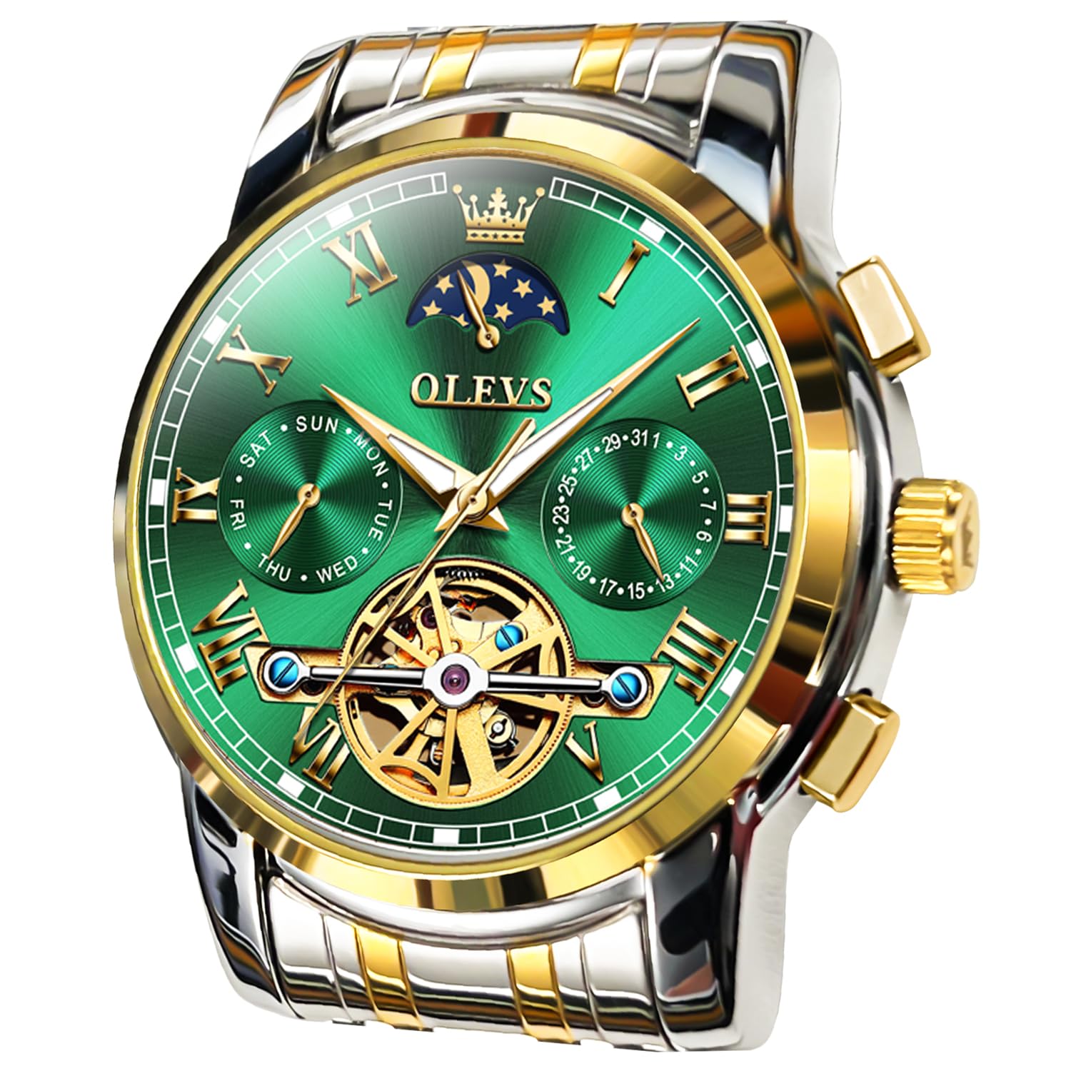 Luxury Automatic Watch No Battery Men Mechanical Waterproof Stainless Steel Wrist Watch Tourbillon Skeleton Self Winding Wristwatch Adjustable Bracelet(No Battery Required)