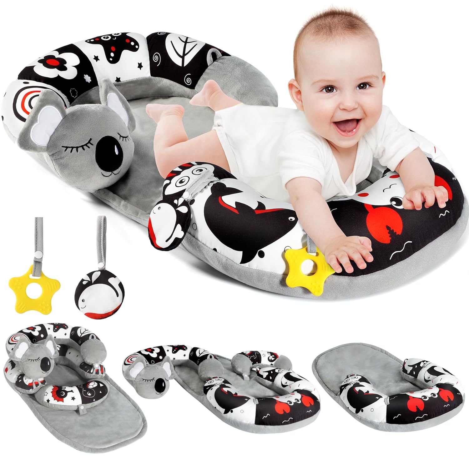 URMYWO Tummy Time Mat - 4 in 1 Cozy Tummy Time & Seated Support Pillow, Tummy Time Pillow for Newborn 0-12 Months, Infant Baby Sit Me Up Floor Seat Early Sensory Development Gifts Tummy Time Play Toys Black