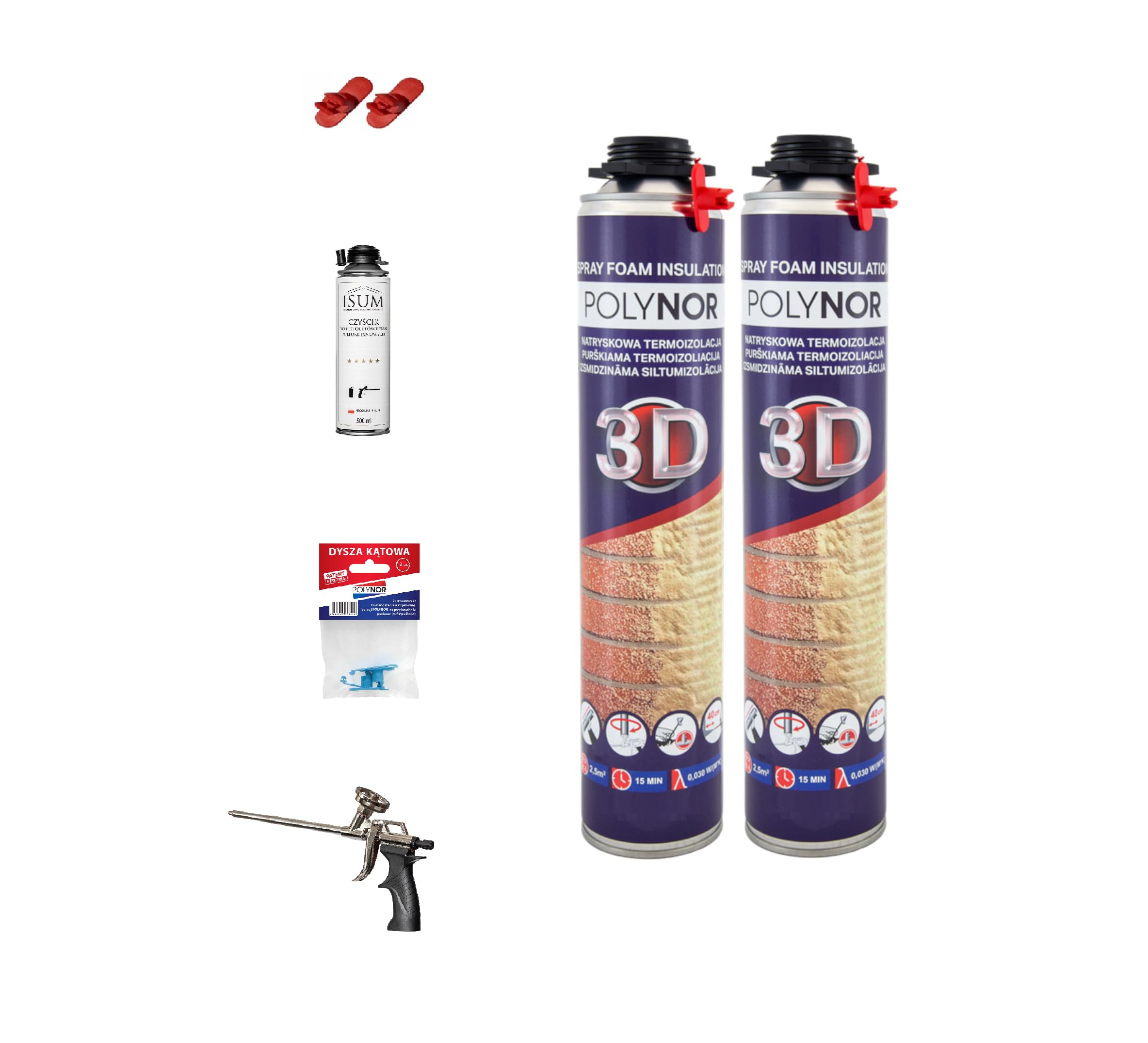 POLYNOR 3D Zestaw do izolacji natryskowej XXL - 24x850ml + akcesoria | natryskowa izolacja termiczna, pianka montażowa poliuretanowa PUR, czyścik 500ml, pistolet standard, dysze kątowe
