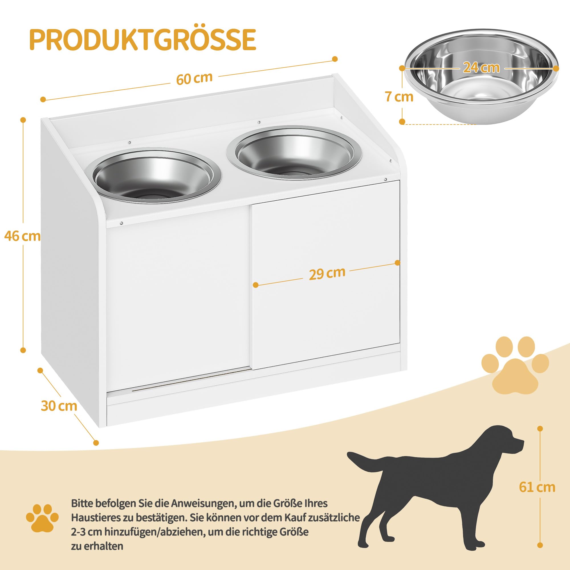Hzuaneri Erhöhter Hundenapf mit Schiebetür-Aufbewahrung, 2 x 2 L Edelstahlnäpfe, 46 cm Hoch, Futterstation für Mittelgroße Bis Große Hunde, Mattweiß PB88003W