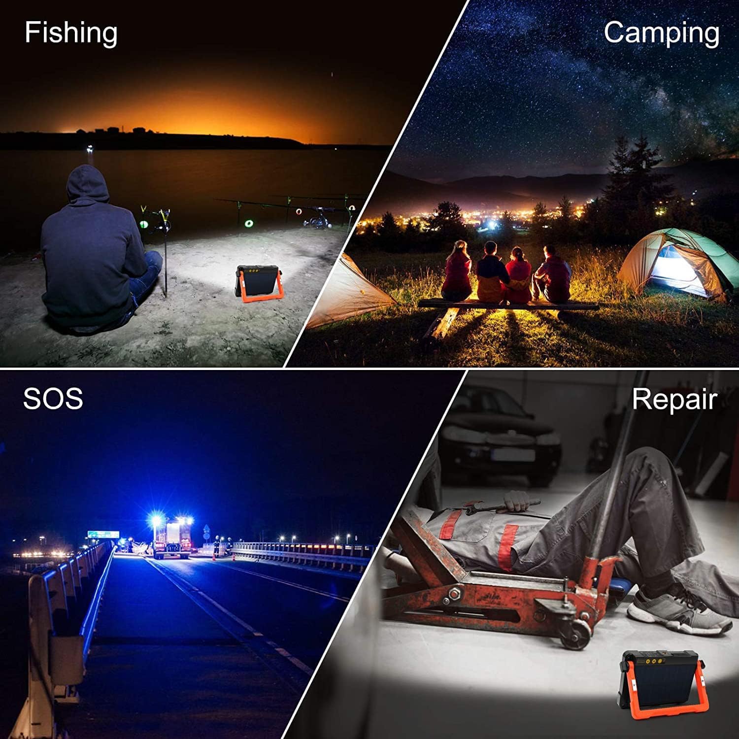 MEIHUA Lampa robocza LED, 60 W, 10 000 mAh, reflektor budowlany LED, akumulator, wodoszczelna, przenośna, ładowana, 4 tryby świecenia, USB lub ładowanie solarne, lampa na plac budowy, warsztat,