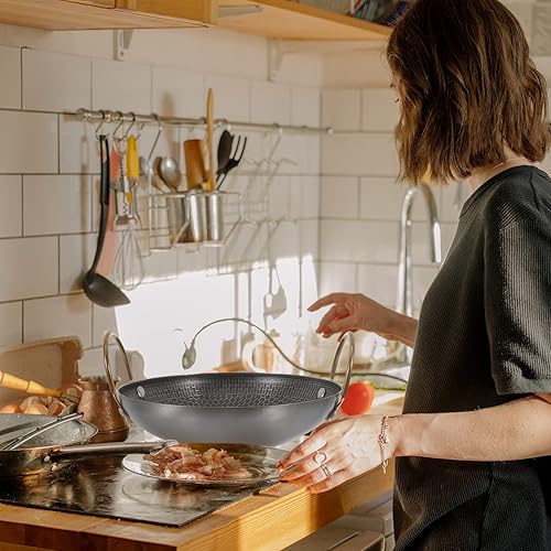 Miniatura 9 de Hemoton Sartén esmaltada de acero inoxidable, wok, fideos coreanos, sartén para paella, sartén de cocina, sartenes para saltar, panal, mini olla