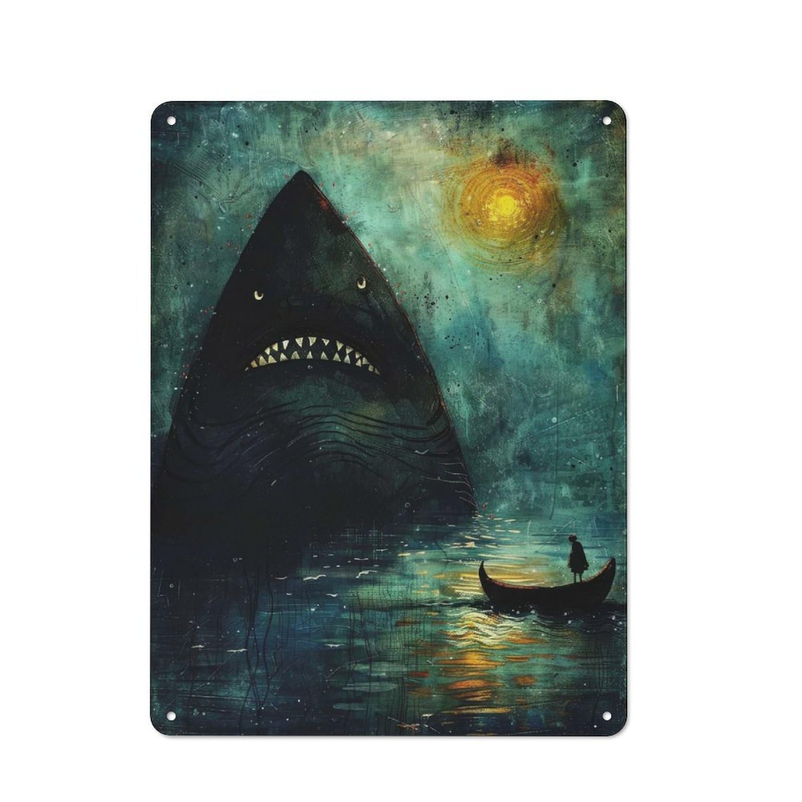 Junmoney Giant Shark Moonlight Rustic Metal Plaque 40X30cm For Studio Or Craft Room, Housewarming Present For People Styling Studio And Craft Room