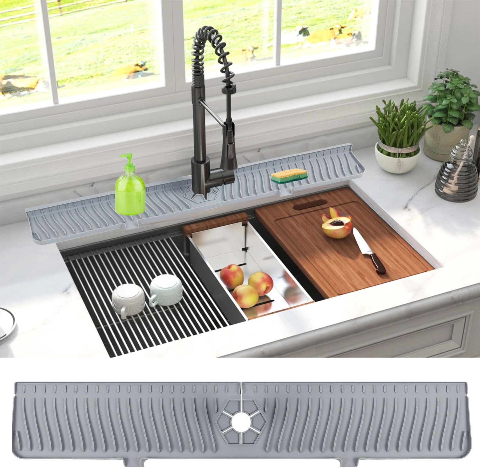 Derlights 30 inch Sink Splash Guard Mat,Silicone Faucet Handle Drip Catcher Tray, Longer Silicone Sink Mat for KitchenBathroom, Drip Protector Splash Countertop (gray)