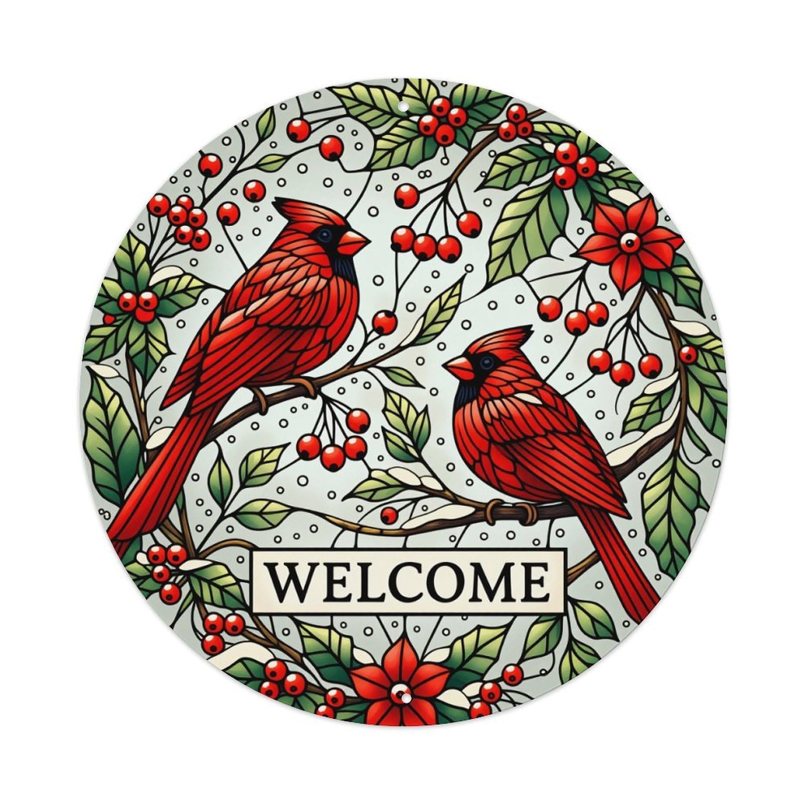 Cardinal Birds Berries Leaves Flowers Round Tin Sign Vintage Metal Poster Retro Bar, Home, Man Cave, Kitchen, Laundry Room Wall Art Decor Gift 8x8Inch