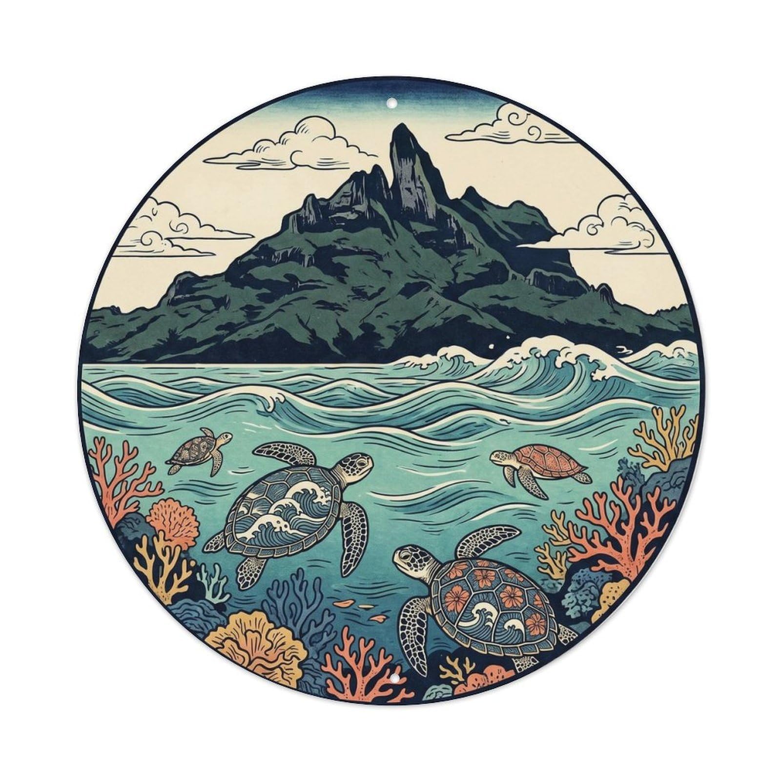 Olyhtr 8X8inch Classic Style Sea Borabora Otemanu Lagoon Turtle Woodblock Metal Tin Sign