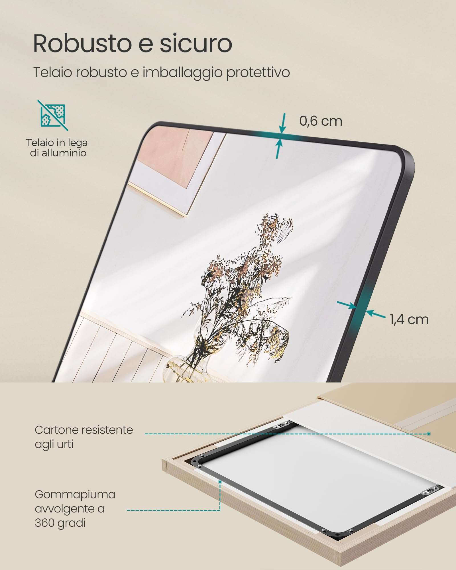 SONGMICS Specchio a Figura Intera, 160 x 50 cm, Specchio da Terra Rettangolare con Supporto, Cornice in Lega di Alluminio, Vetro Temperato, Camera da Letto Soggiorno, Nero Inchiostro LFM030B01