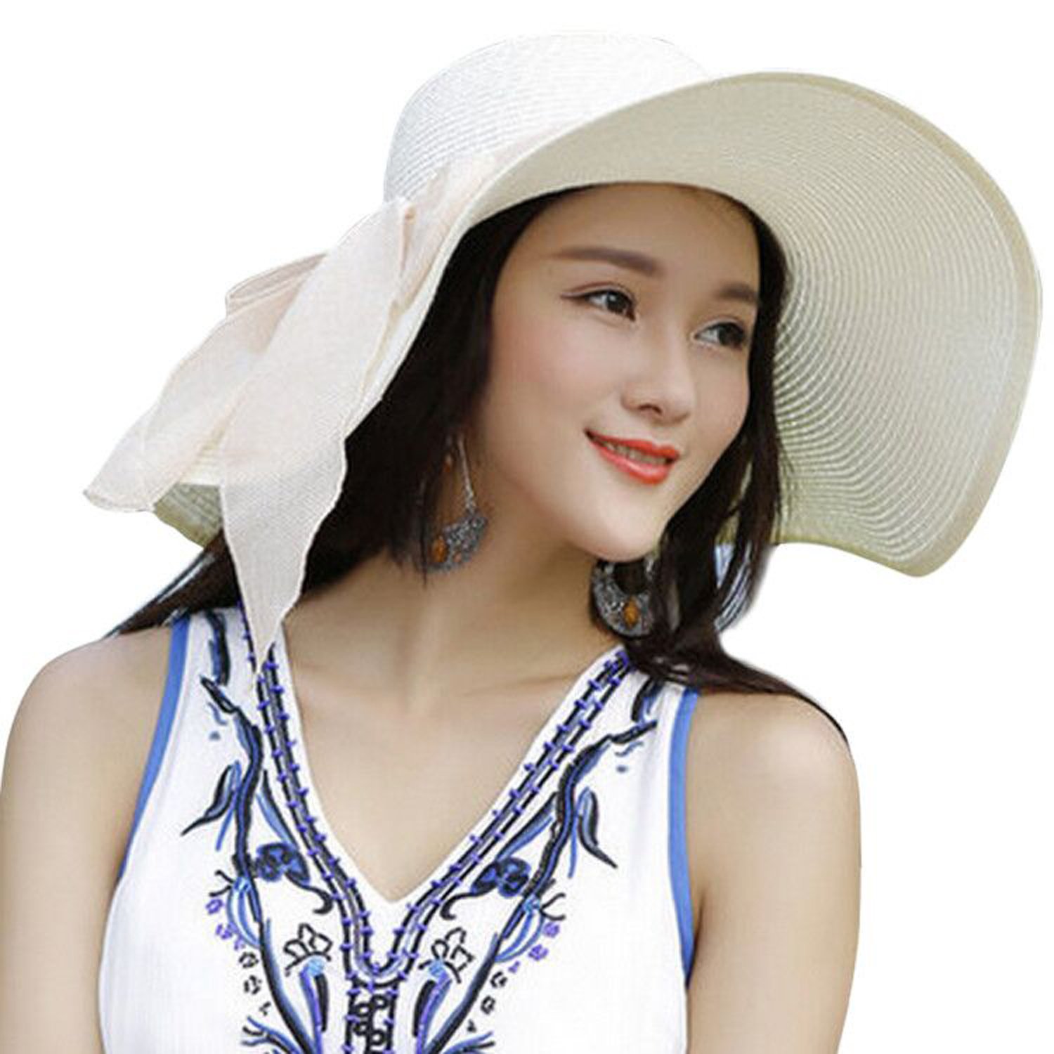 JOYEBUY Women Big Bowknot Straw Hat Floppy Foldable Roll up UV Protection Beach Cap Sun Hat