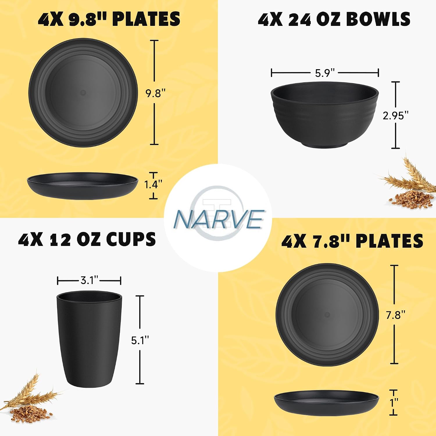 NARVE 16 Piece Wheat Straw Dinnerware Sets | Unbreakable, Microwave Safe, Dishwasher Safe | Lightweight Dinnerware Set | Reusable, Dorm Room Essentials, Dishes Set For 4 | Dishes | Dish Set, Black