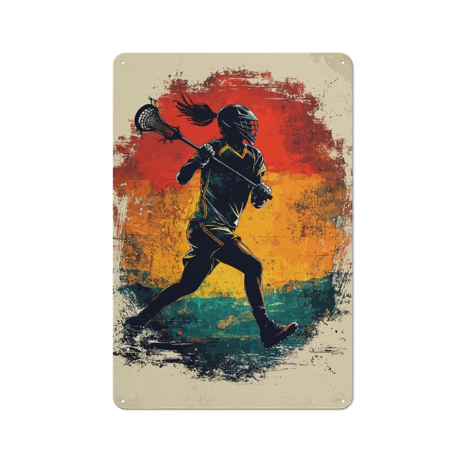 Junmoney Lacrosse Player Silhouette 30X20cm Rustic Metal Sign With For Hobby Room Or Studio, Metal Sign Decor For Hobby Rooms And Studios