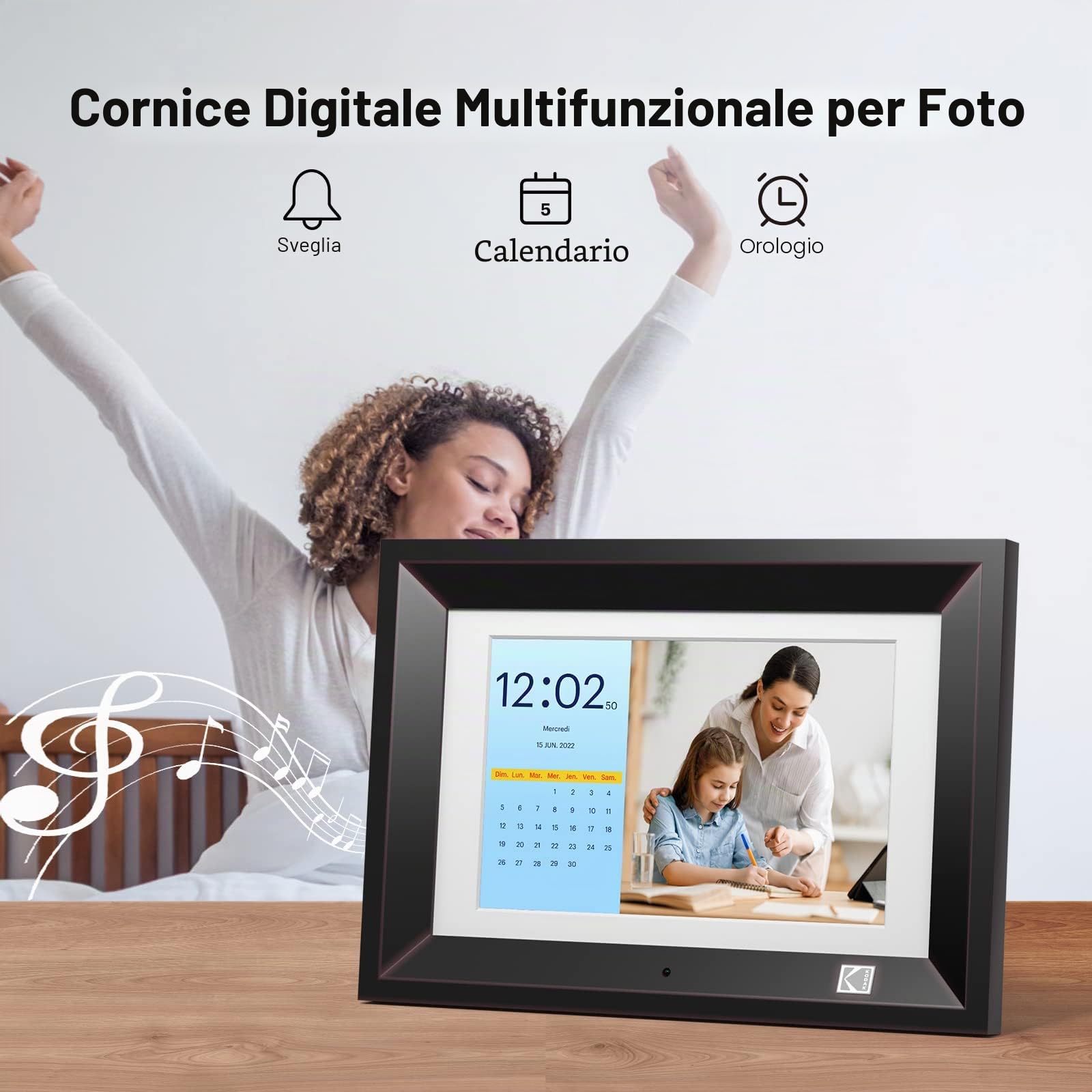 Cornice Digitale 10.1 Pollici,1280 x 800 FHD IPS, Cornice Elettronica per Foto 16:10, Foto, Musica, Lettore video, Calendario, Allarme, Supporto Scheda USB/SD con telecomando
