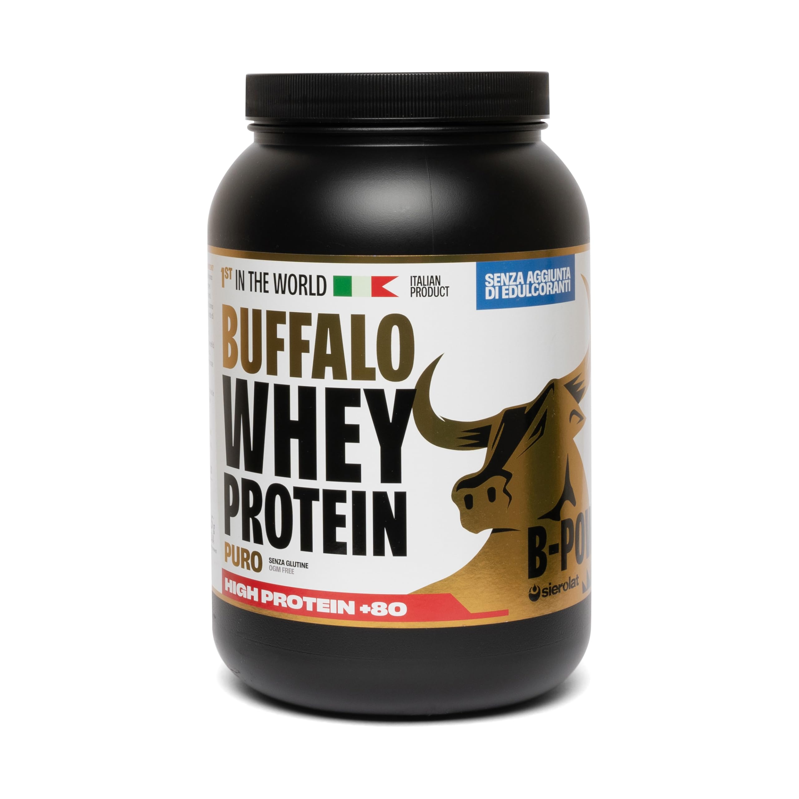 Buffalo Whey +80 Proteine in Polvere Concentrate Gusto Puro senza Edulcoranti 100% Italiane da Latte di Bufala, 24g di Proteine 5.5g BCAA Vitamine Gruppo B e D per supporto muscolare (34 dosi x 1020g)