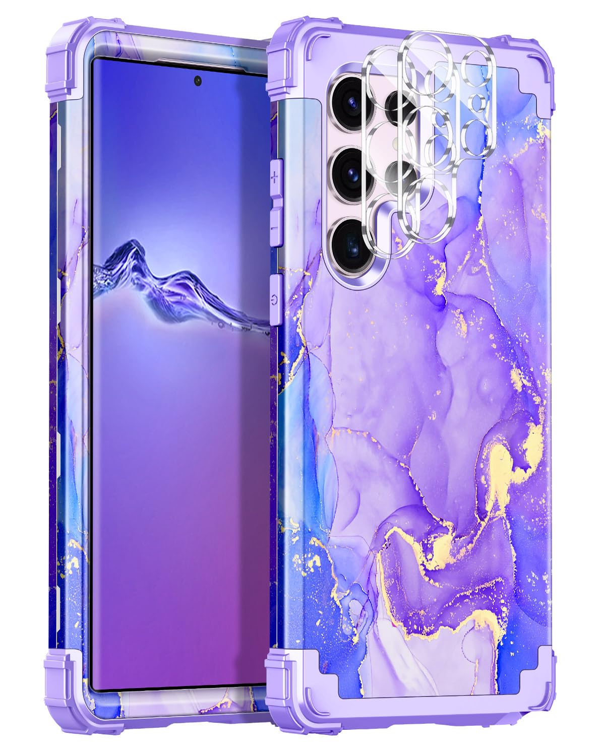 Casetego Compatible with Galaxy S23 Ultra 5G Case,Floral Three Layer Heavy Duty Sturdy Shockproof Full Body Protective Case with 2 Pack Camera Lens Protector for Samsung Galaxy S23 Ultra 5G,Purple