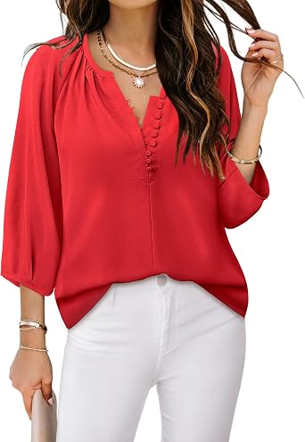 Womens Blouses Dressy Casual V Neck 3/4 Sleeve Tops Fashion Boho Loose Fit Button Down Shirts