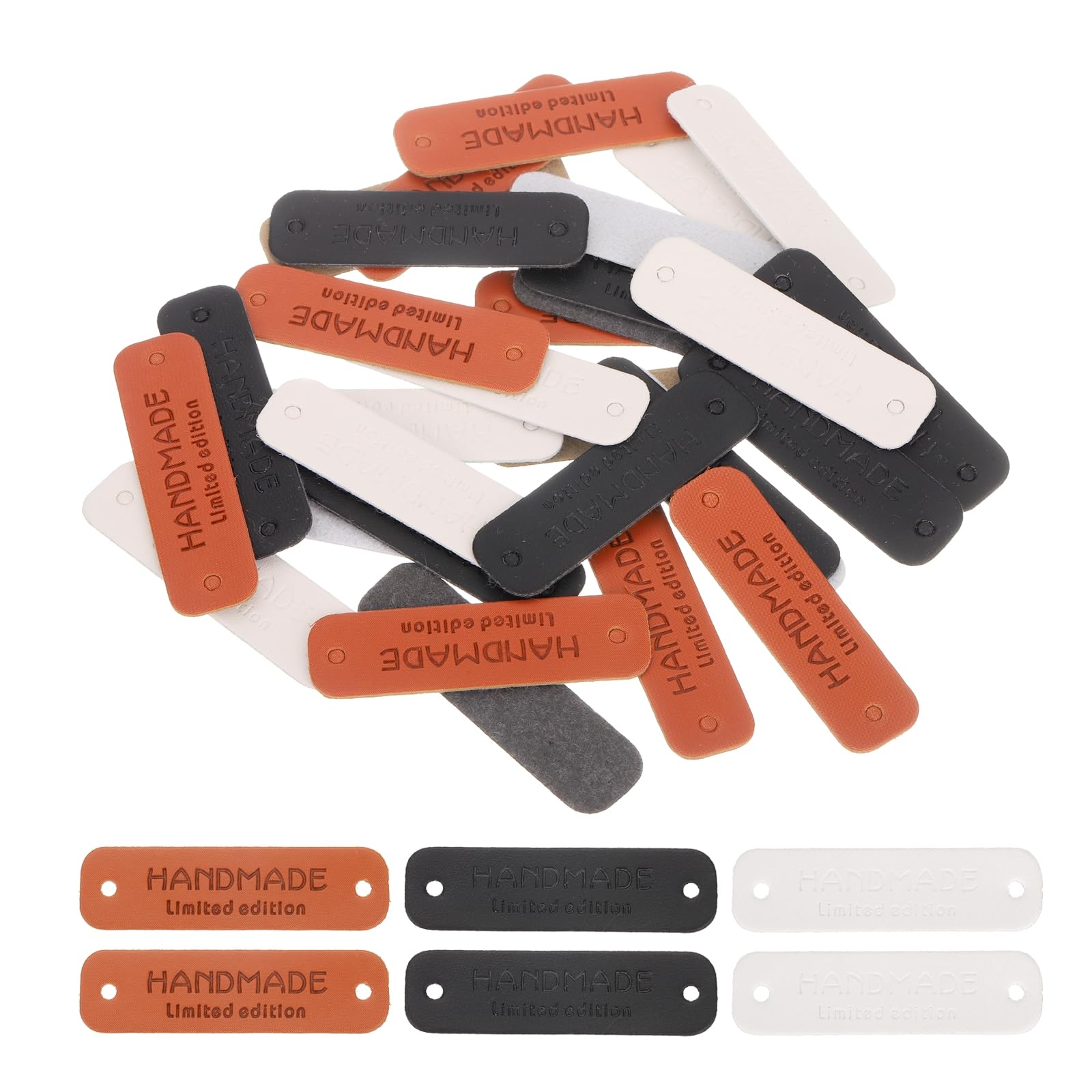 uxcell30 Pcs Handmade Leather Labels, PU Leather Handmade Tags Button with Hole Embossed Tag for Embellishment DIY Sewing Crafts, 55x15mm, Brown/Black/White