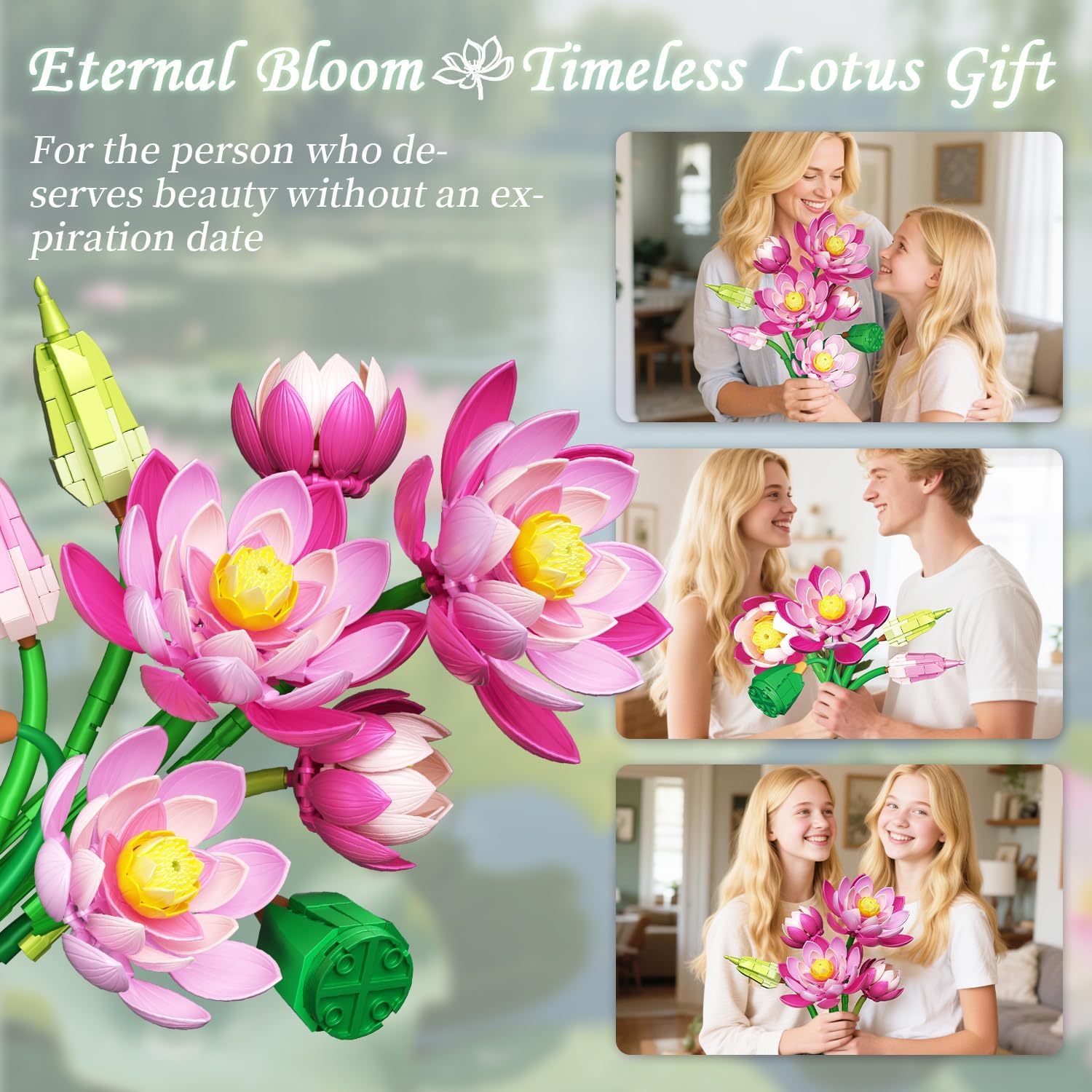 Lotus Flowers Botanical Building Set with Vase, Compatible with Lego Flowers Botanicals Collection, Pink Artifcial Flower Bouquet with Vase for Indoor Outdoor, 710 PCS