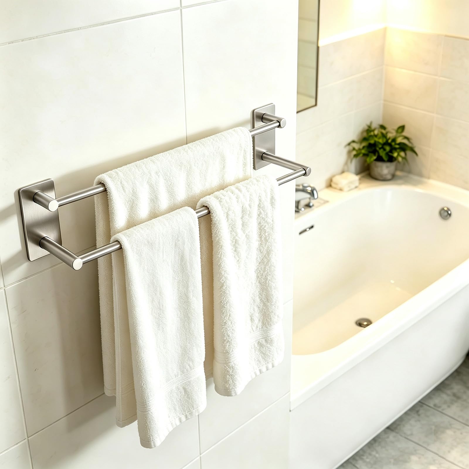 Toalleros de Baño sin Taladro, Doble Toallero Adhesivo de SUS304 Acero Inoxidable, Toallero Pared Antioxidante y Resistente a los Arañazos, Apto para Baño y Cocina (Cepillado Plata, 40cm)