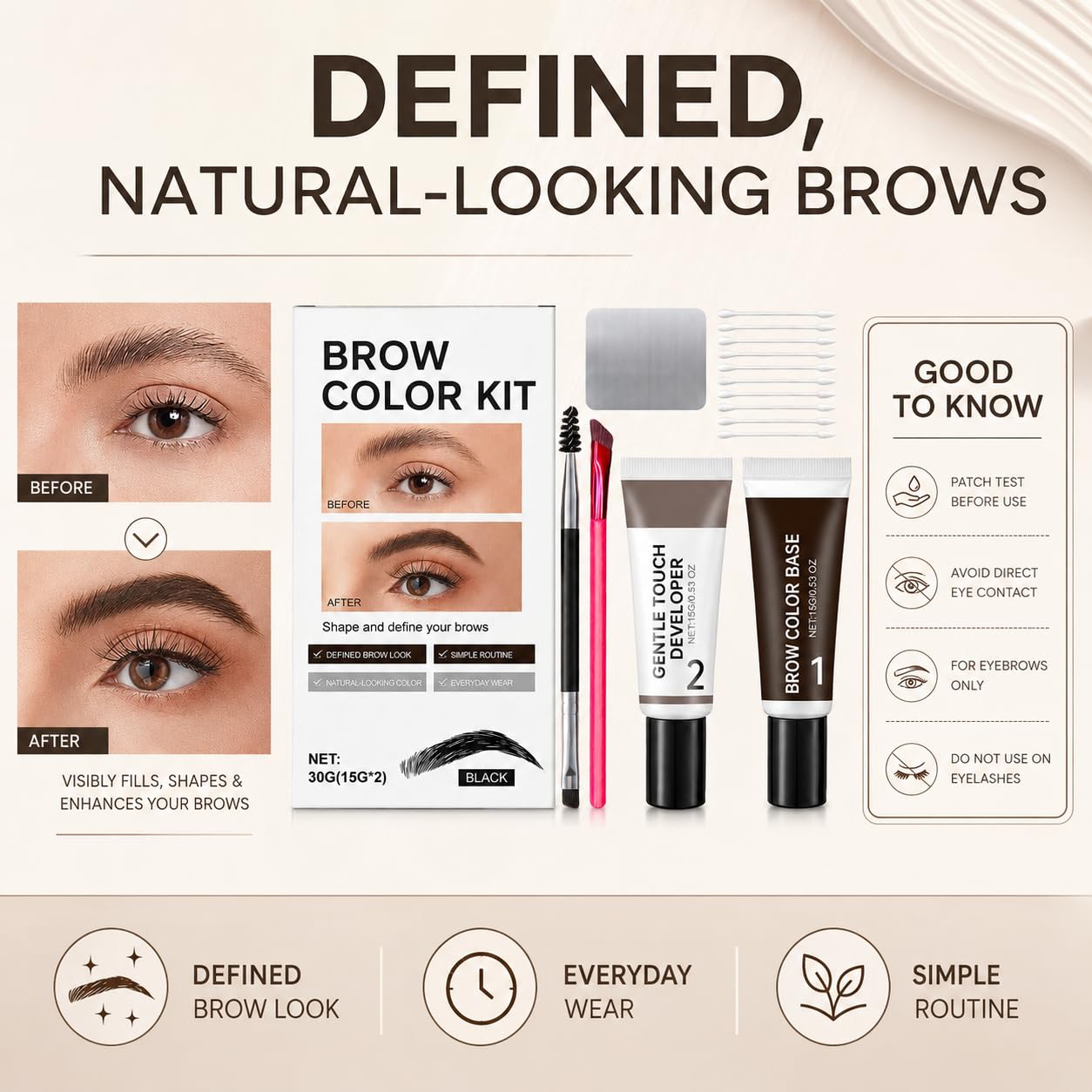 2-in-1 Brow Color Kit, for 6-Week Defined Look, 30g Extra Large Capacity (15g+15g) with Natural Bushy Results, Easy to Use & Salon Beauty at Home (Dark Brown)