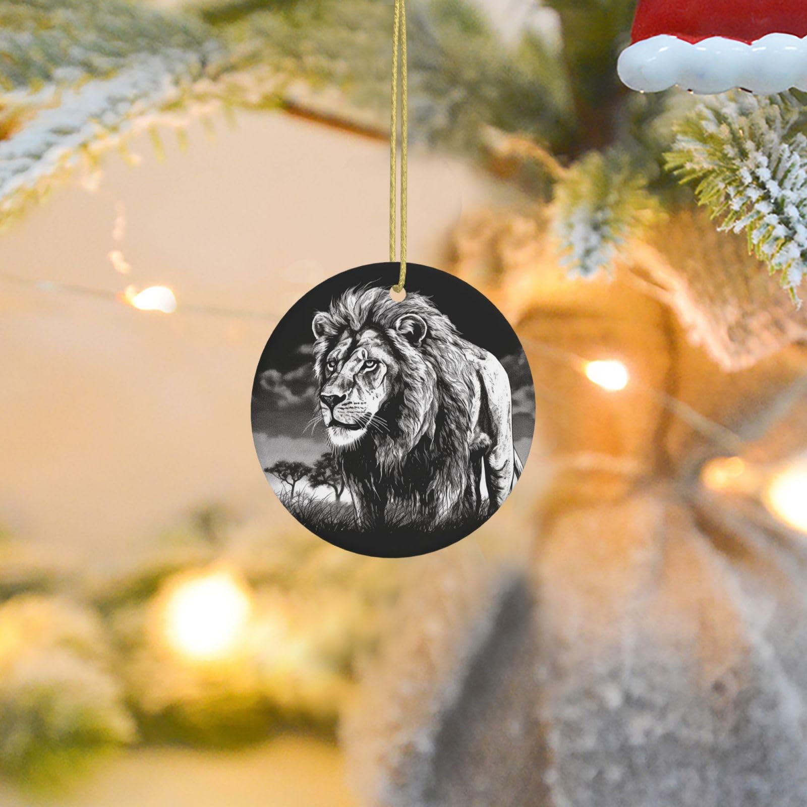 Christmas Tree Ornaments Ceramics Christmas Round Decorations Lion Black White Illustration Ceramics Ornaments Circle Pentagram Xmas Tree Hanging Pendant for Christmas Tree Party Holiday Home Decor