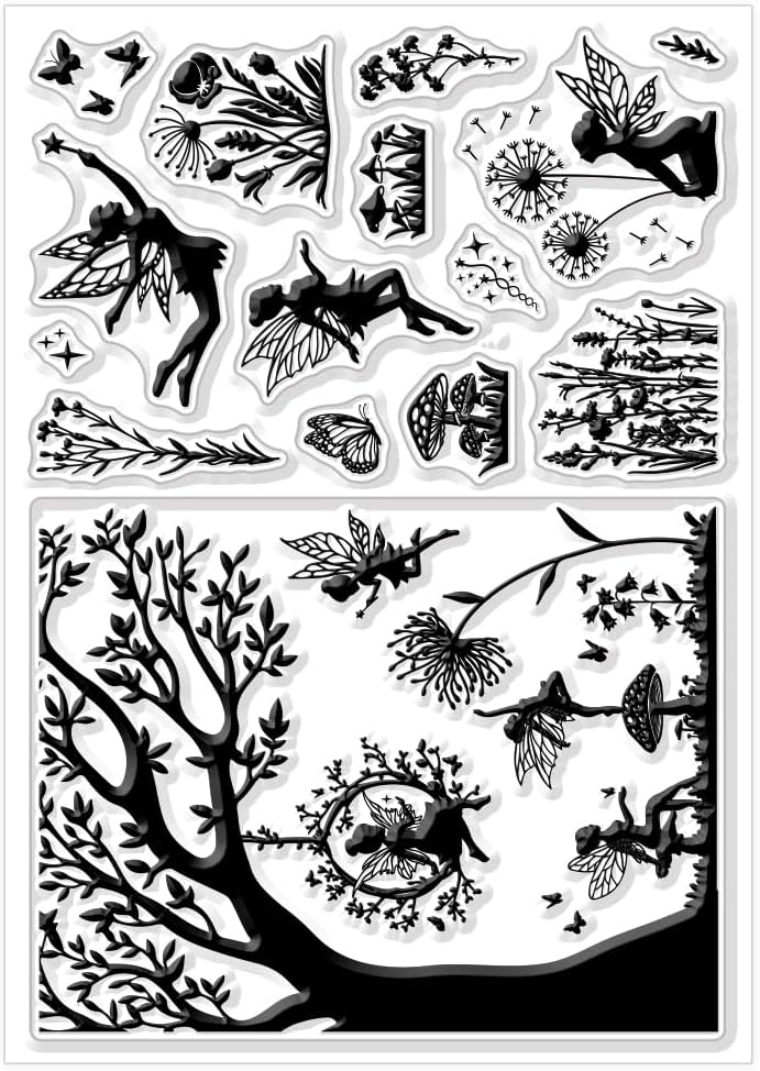 CHGCRAFT Butterfly Fairy Clear Stamps Elves Butterfly Plants Background Transparent Silicone Stamps for Cards Making DIY Scrapbook Decoration 8.3x5.8inch