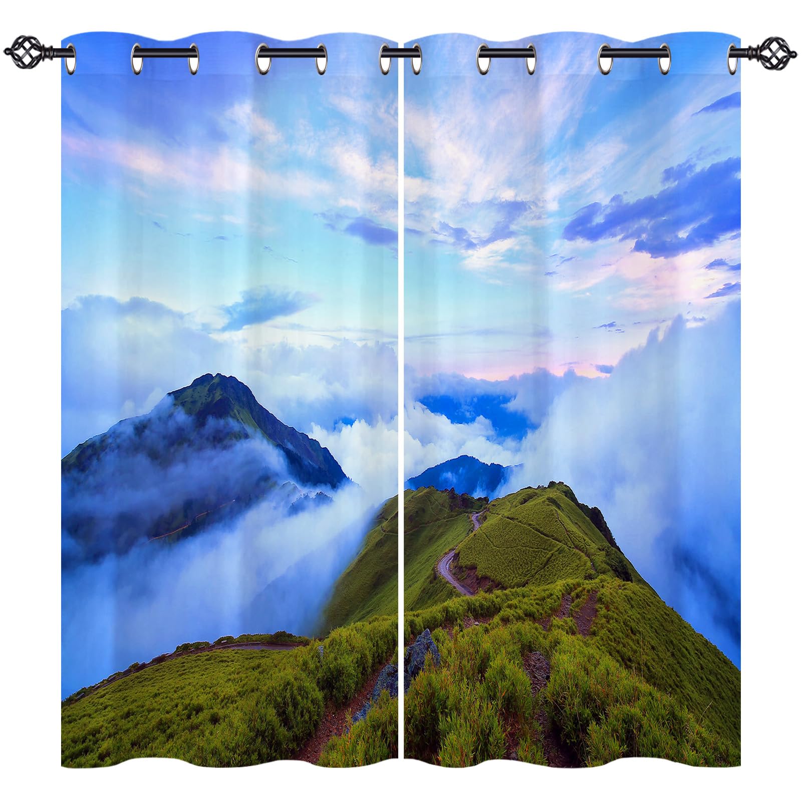 ANHOPE Mountain Curtains Eyelet 80% Blackout Room Darkening Curtains with Sunrise Cloud Foggy Mountain Top Print Pattern Light Blocking Window Drapes for Bedroom Living Room 55 x 63 Inch Drop 2 Panels