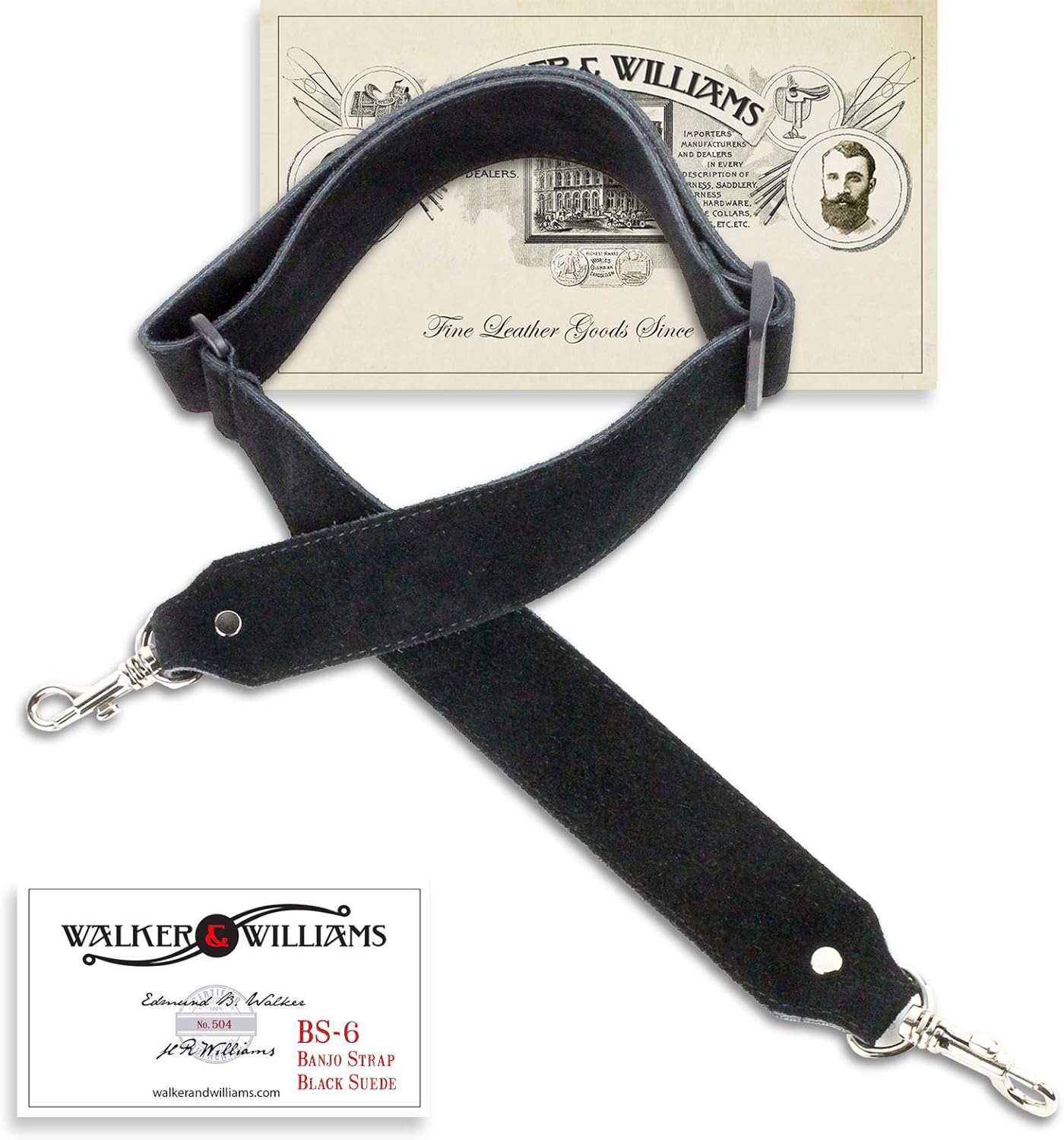 Walker & Williams BS-6-BLK 100% Grain Leather Black Banjo Strap With Clip Ends