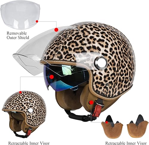 Miniatura 4 de Casco de motocicleta de cuero PU brillante vintage 34, con certificación DOT, con visor doble, casco de cara abierta, casco de media cara para