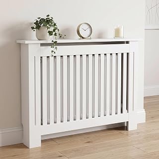 Vivo Technologies Heizkörperabdeckung Weiß Moderne Horizontale Lamellen Mittelgroße Heizkörperabdeckung Grill Regal Schrank MDF Holz Dekorative Heizungsabdeckung, Weiß, B 112 x H 82 x T 19 cm