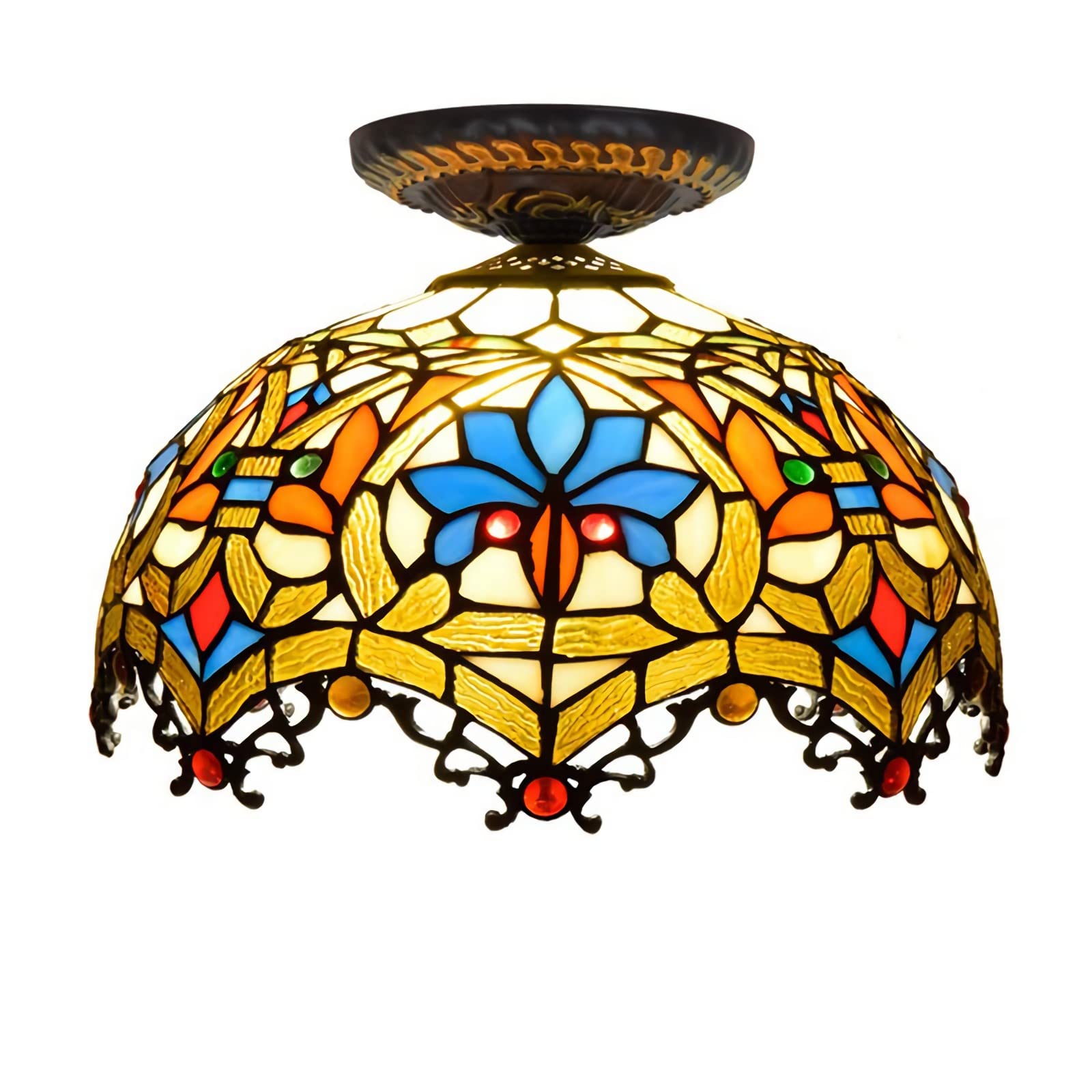 Tiffany Style Ceiling Light, Dimmable Stained Glass Chandeliers, 30cm, 40cm, Vintage Ceiling Lamp for Living Room Bedroom Kitchen, Yellow,30cm Pendant Light (30cm Ceiling Lamp)