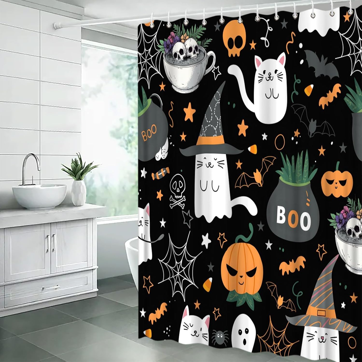 Halloween Cartoon Shower Curtain 70" Wx96 H,Funny Cat Witchy Hat Spooky Bat Pumpkins Skull Cute Gothic Fabric Bathroom Decor Curtains with Hooks,