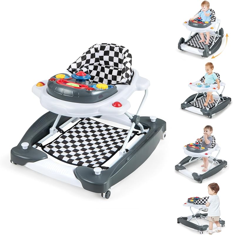 Andador para Bebés 6 en 1, Andador Plegable con Ruedas, Altura Ajustable, Música, Luces, Modo Hamaca y Mecedor, Andadores para Niños Niñas de 6 a 14 Meses (Gris)