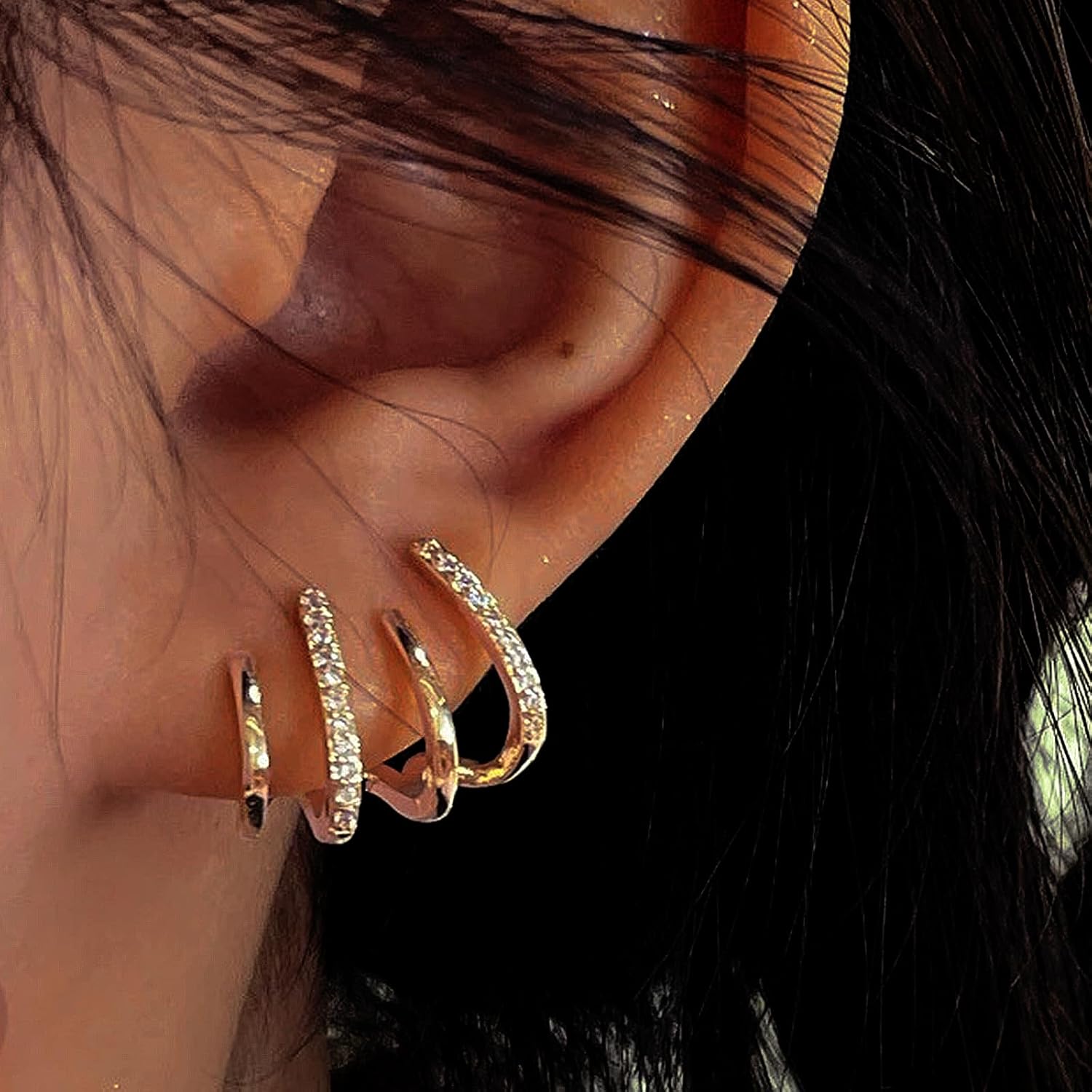 14K Gold Plated Hoop Earrings for Women Triple Huggie Illusion Stud Earring | Double Huggie Hoop Earrings for One Hole | Claw Ear Cuff Earring Jewelry Gift for Women - Image 2