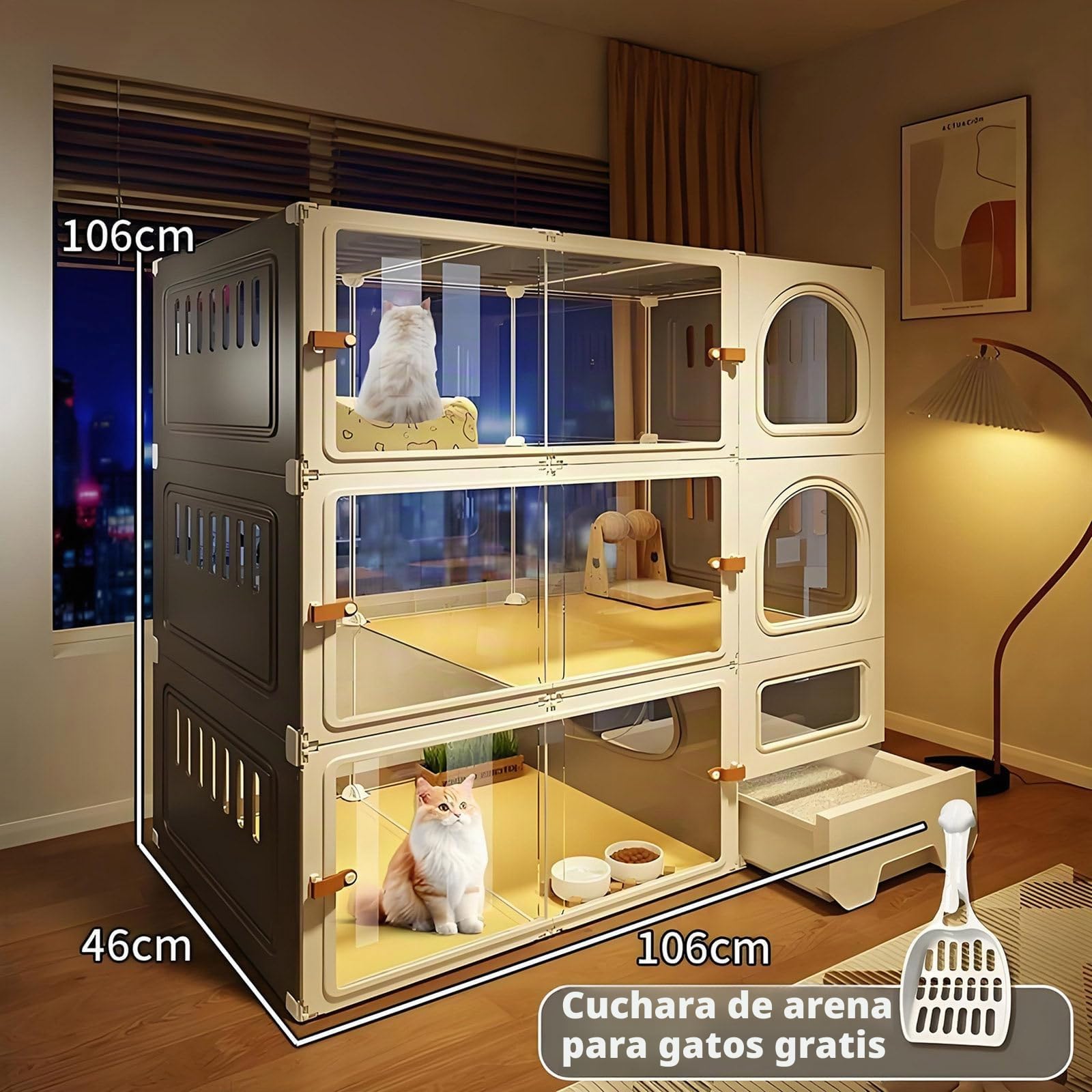 Jaulas Grandes Para Gatos De 3 Niveles Para Interiores Con Caja De Arena Condominio Cerrado Multifunción Armario For Gatos, Para Interiores Y Exteriores, White-106 * 46 * 106