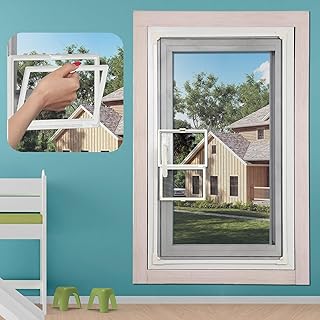 Magnetic Window Screen with a Small Window,DIY Window Screen for House Adjustable Fiberglass Mesh White Frame Grey Net Self Adhesive Easy Installation,Suitable for Window with Handle 35"X57"(89x145cm)