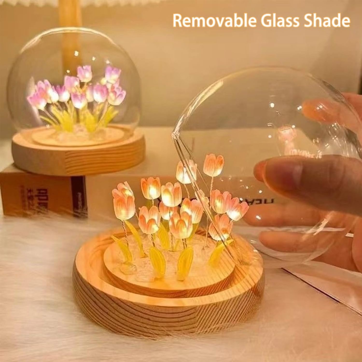 Tulip Night Light Corded, Birthday Flower Gifts for Her - Small Flower Lamp with Glass Cover, Wooden Base and Gift Bag -Cute Romantic Home Decor for Mom, Grandmother, Wife, Girlfriend, Sister, Women