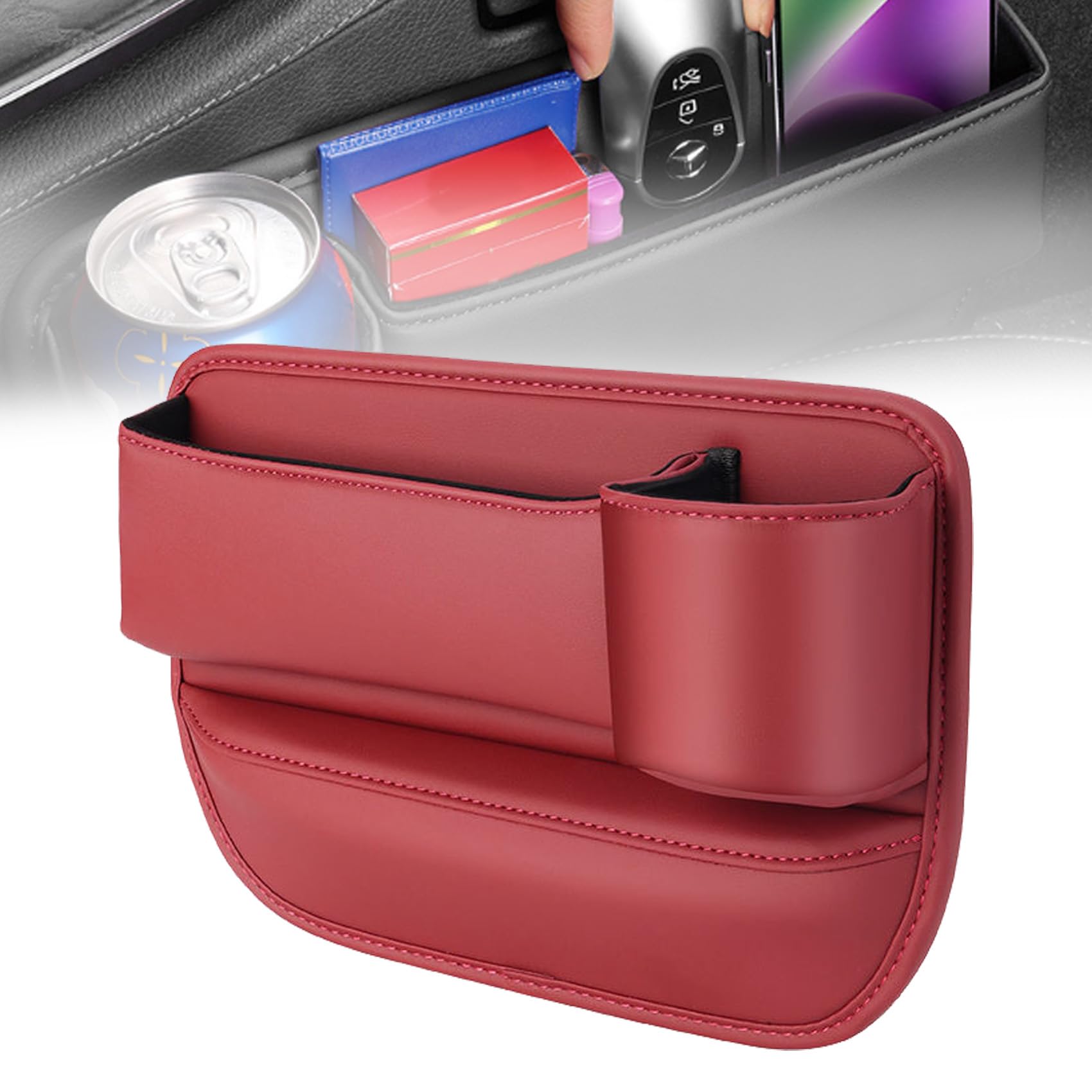 Zimynal Leather Gap Bag for Auto, Car Leather Cup Holder Gap Bag, 2024 New Seat Gap Storage Box with Cup Holder, Adjustable Car Seat Storage Box, Car Seat Gap Filler Organizer (Red,Passenger seat)