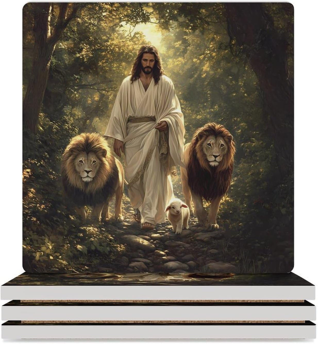 Christian-Lion Sheep Ceramic Coasters Square Drinks Coaster Coffee Table Decor Table Coaster for Home Bar