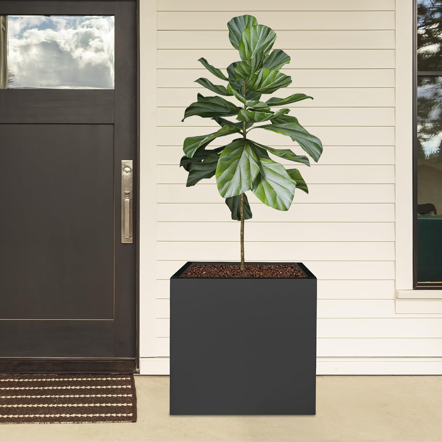 Square Metal Garden Planter Box, 20x20x20in Black Steel Flower Pot, Indoor Outdoor Planter for Gardens Patios Courtyards Commercial Residential Use with Gloves & Installation Diagram
