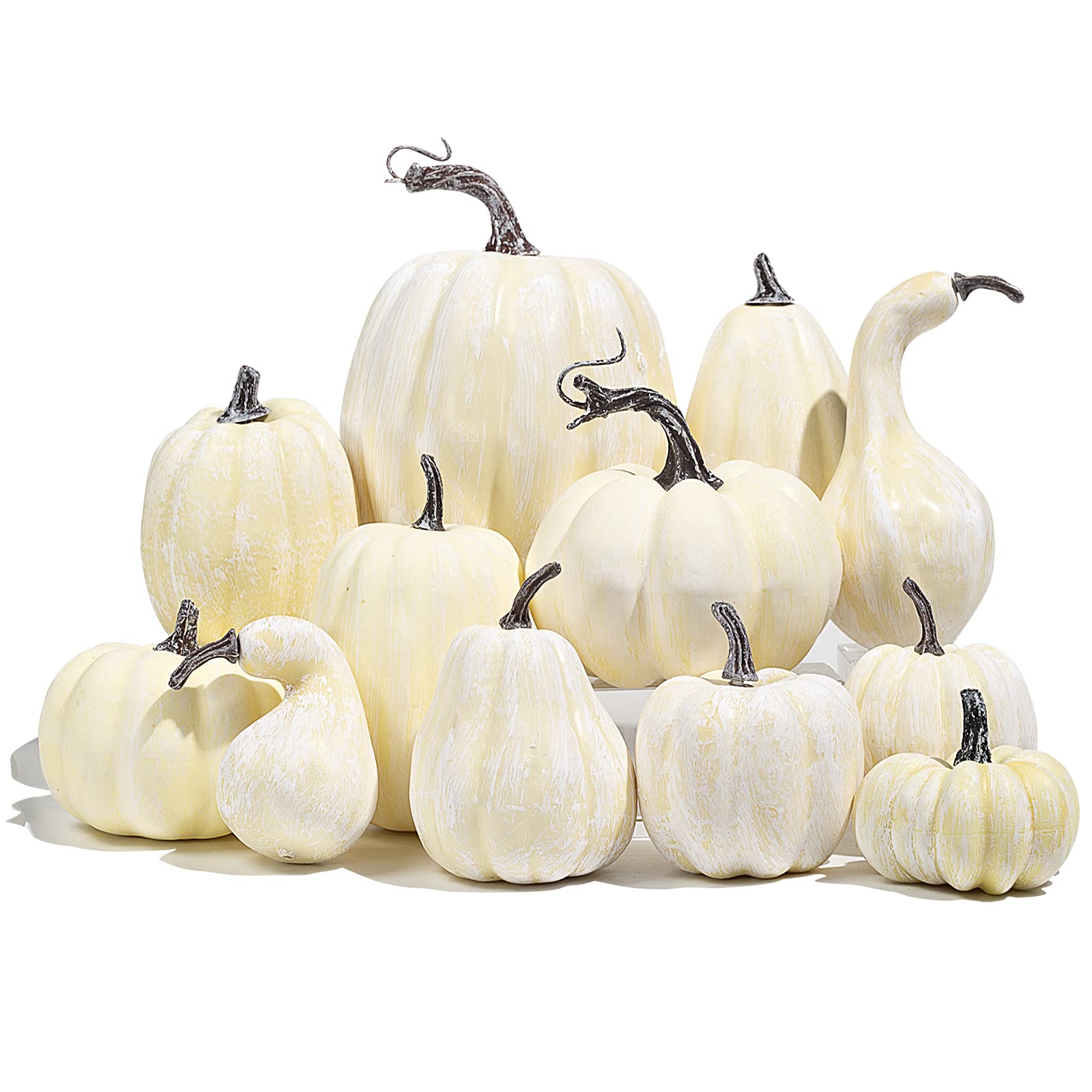 HAKACC Artificial Pumpkins Assorted Sizes, 12PCS Decorative Pumpkins Cream Yellow Foam Pumpkins for Fall Wedding Thanksgiving Table