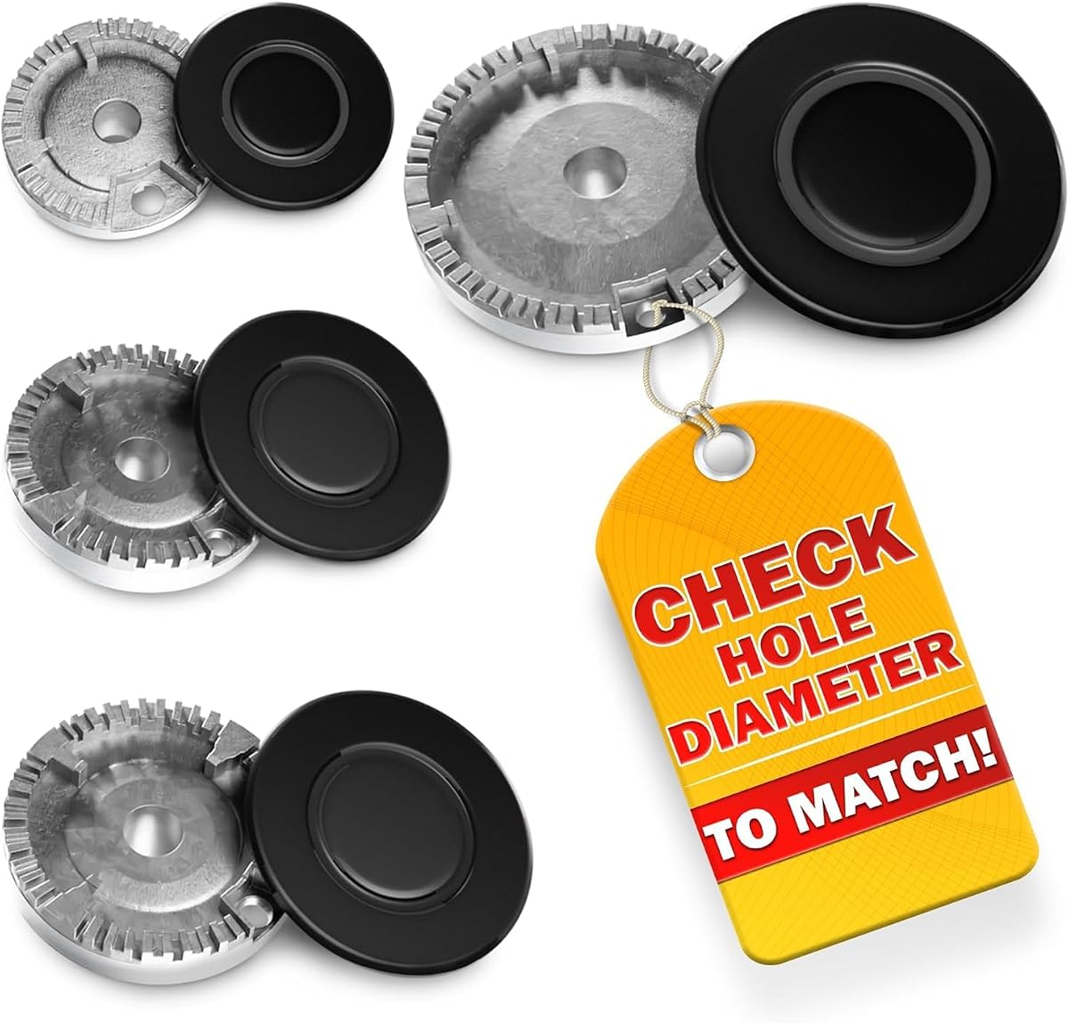 LIBERHAUS 8-Piece Set Gas Stove Burner Replacement, 4 Caps & 4 Spreaders | Zinc Alloy for Gas Range & Cooktop, 3.7, 2.62 & 1.87 in; Check Hole Diameter to Match; Uniform Flame; Tool-Free Install