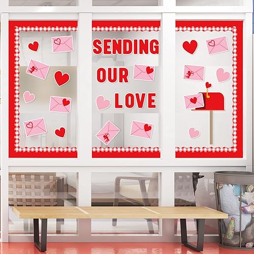 Miniatura 5 de Whaline Tablero de anuncios para el día de San Valentín, buzón de carta de amor, recortes de sobre de corazón rojo y rosa, bordes a cuadros,