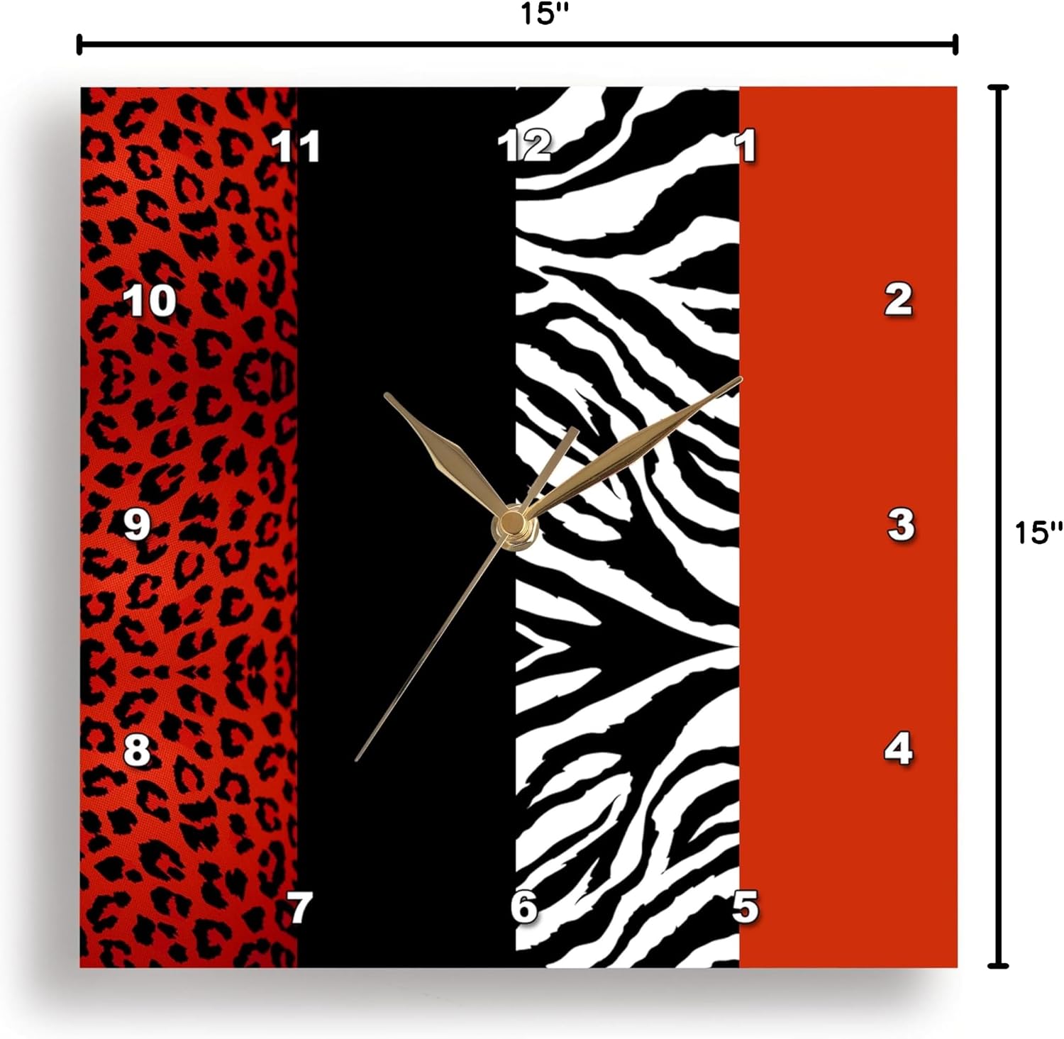 3dRose DPP_35438_3 Animal Print Leopard and Zebra Wall Clock, 15 by 15-Inch, Red/Black/Orange/White