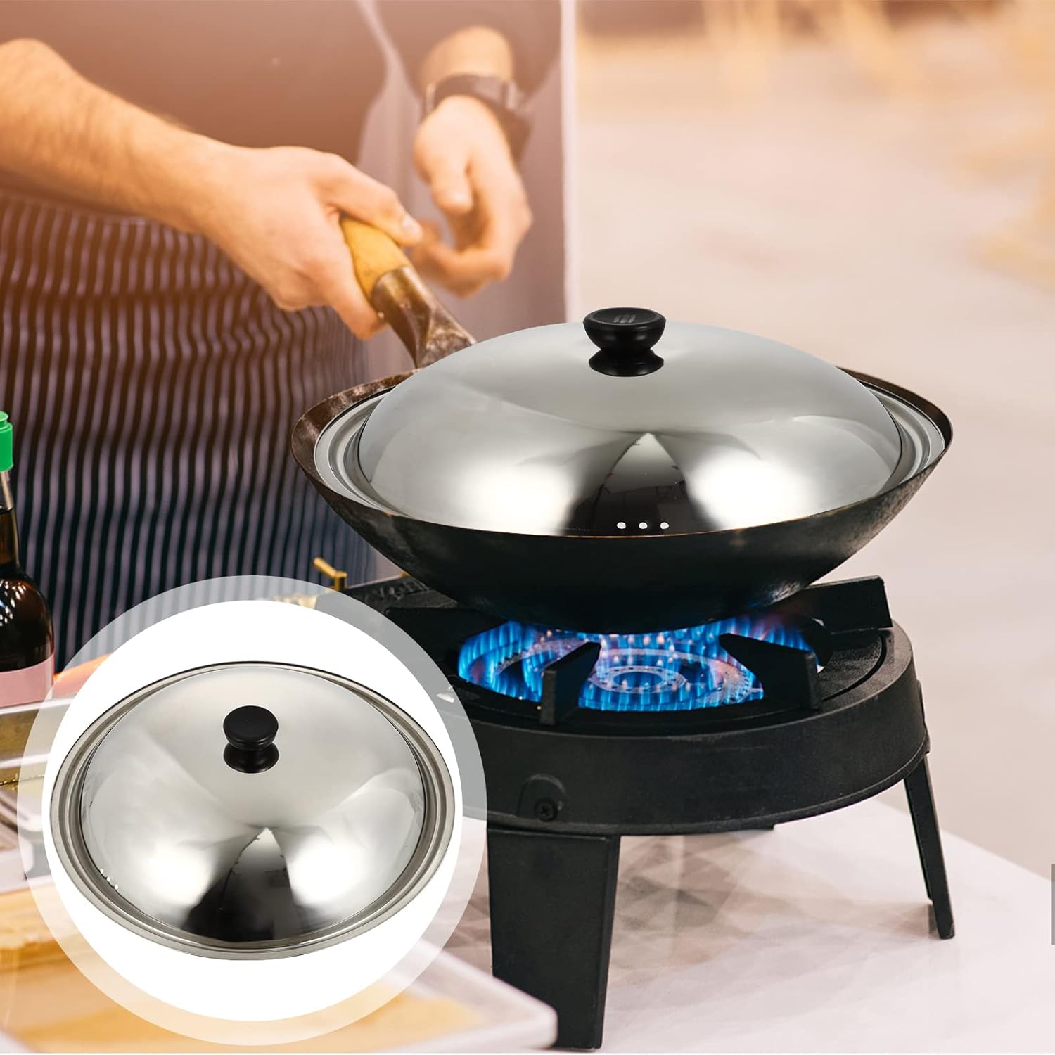 Wok Lid for Pots and Pans Stainless Steel Pot Lid Cookware Lid Cooking Pan Lid Replacement Pot Lid Cover Skillet Lid with Round Knob 13.7 inch