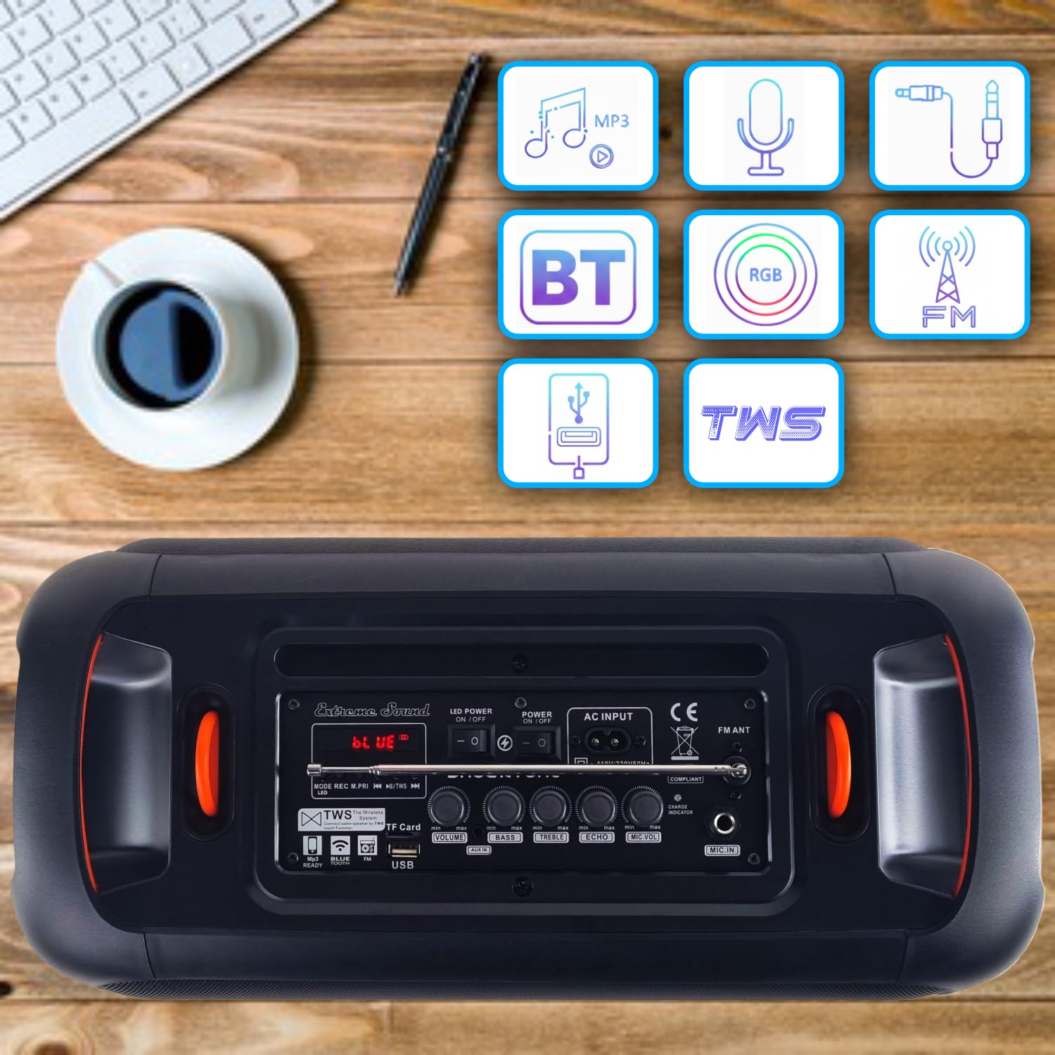 Cassa Portatile Bluetooth Ricaricabile – KIT Karaoke + 2 Microfoni - Autonomia fino a 48 ore - Radio FM, TWS, USB, AUX LED RGB, 2 Subwoofer16 cm -